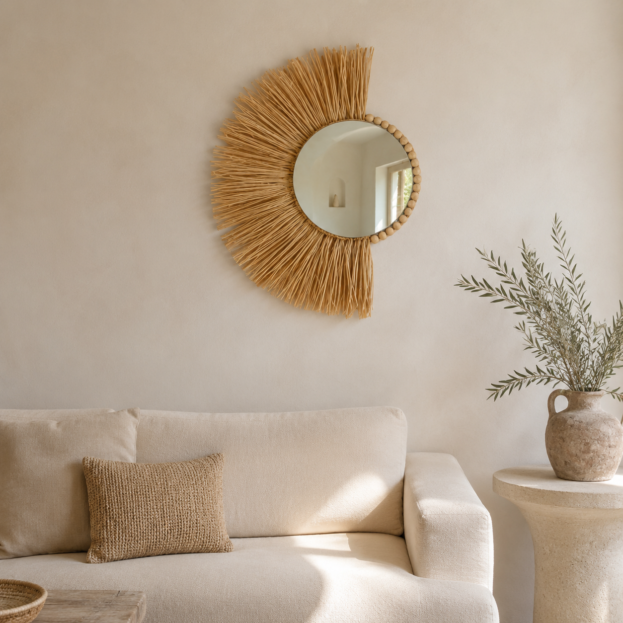 Miroir soleil bohème en raphia et perles