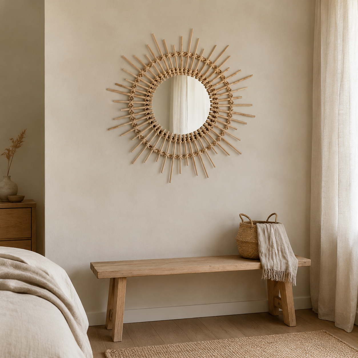 Miroir soleil rayonnant en rotin