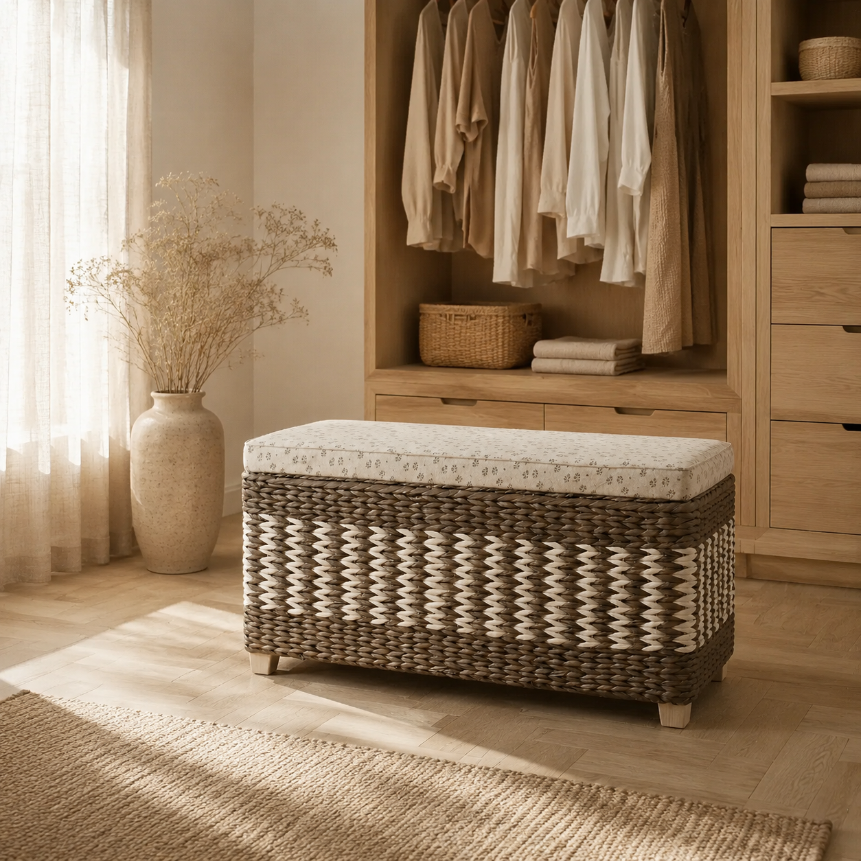 Banc coffre en rotin, assise rembourrée