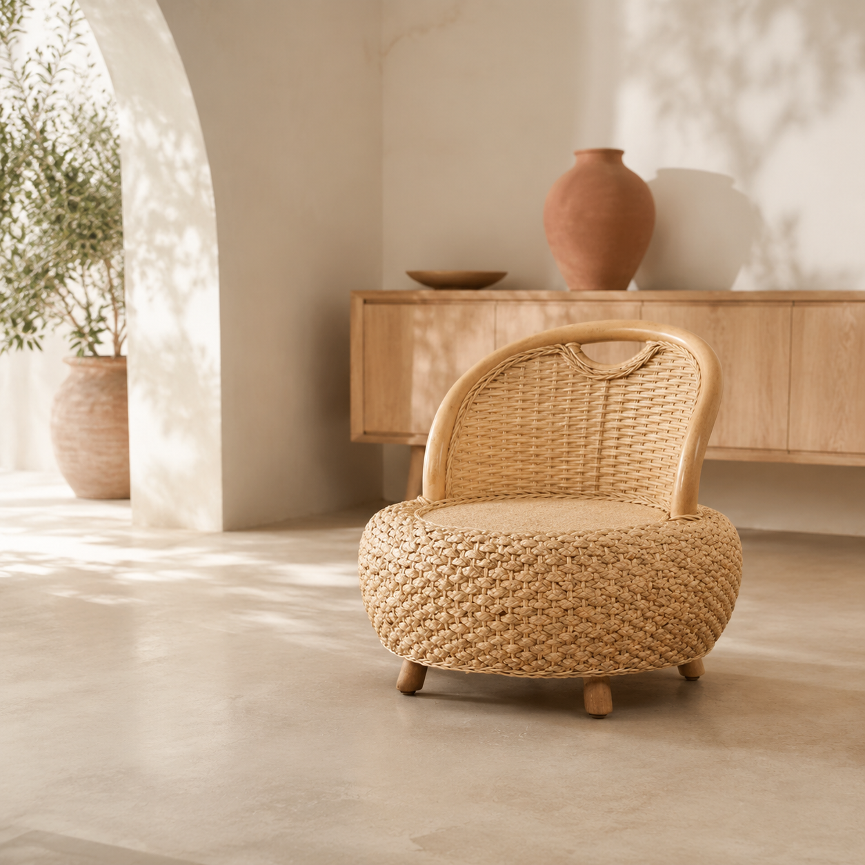Mini fauteuil bas en rotin beige