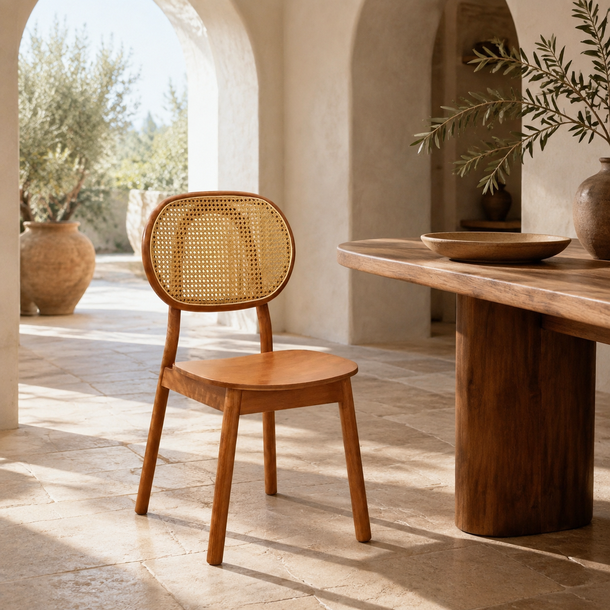 Chaise en rotin et bois marron, style moderne