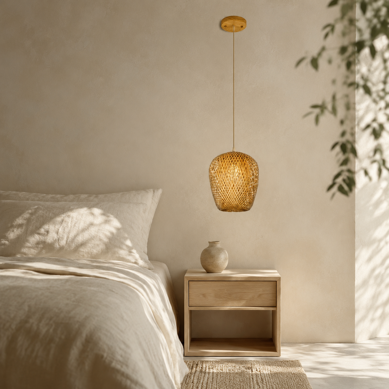 Lustre en rotin en forme d'olive
