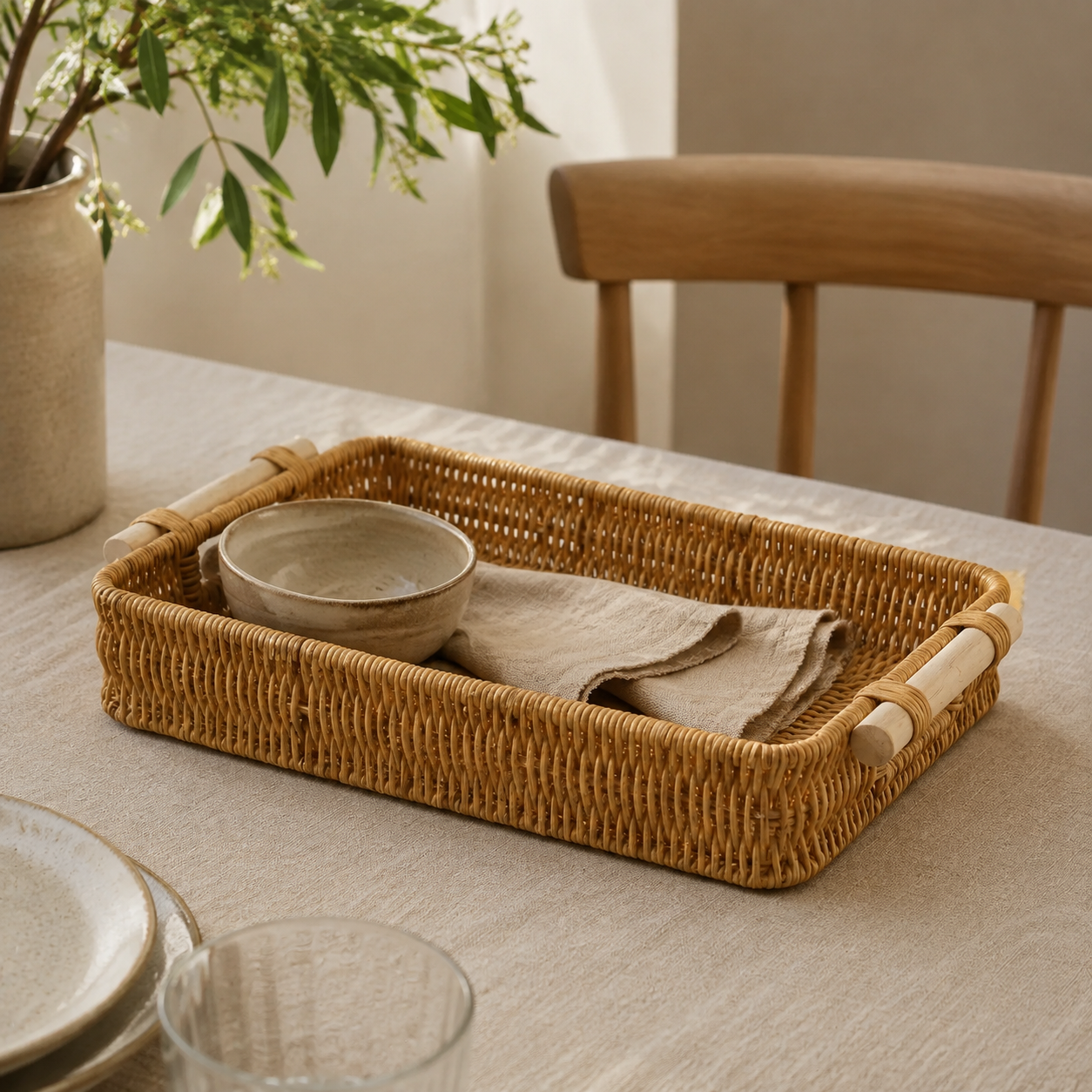 Plateau rectangulaire profond en rotin