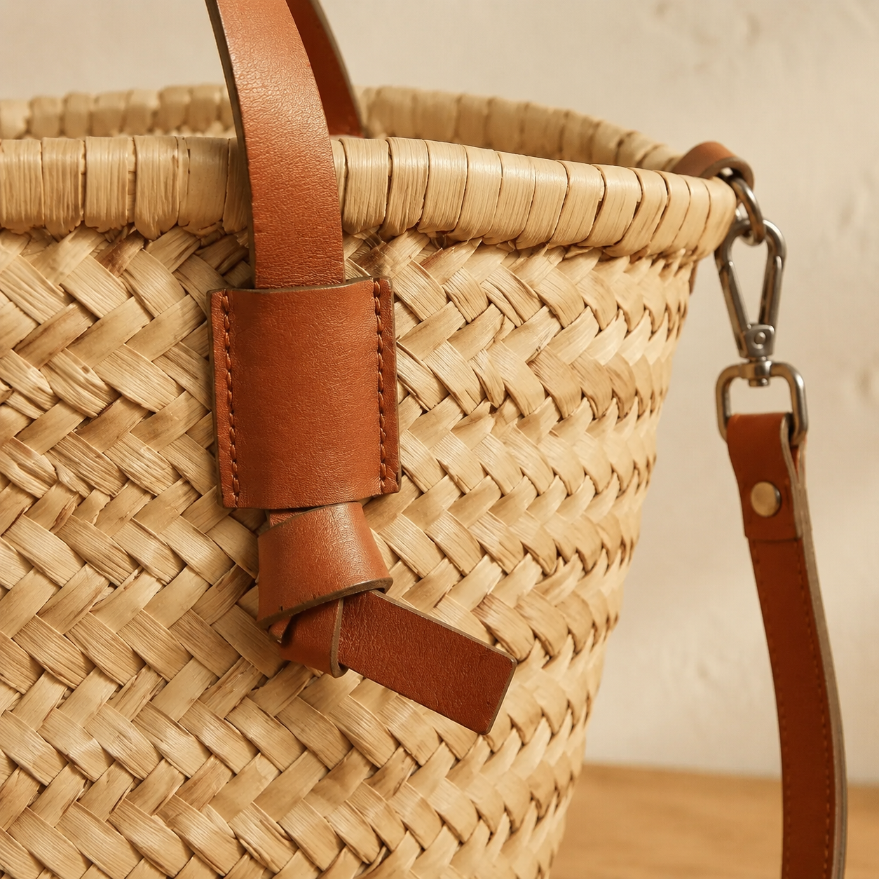 Sac en rotin chic, anses aspect cuir