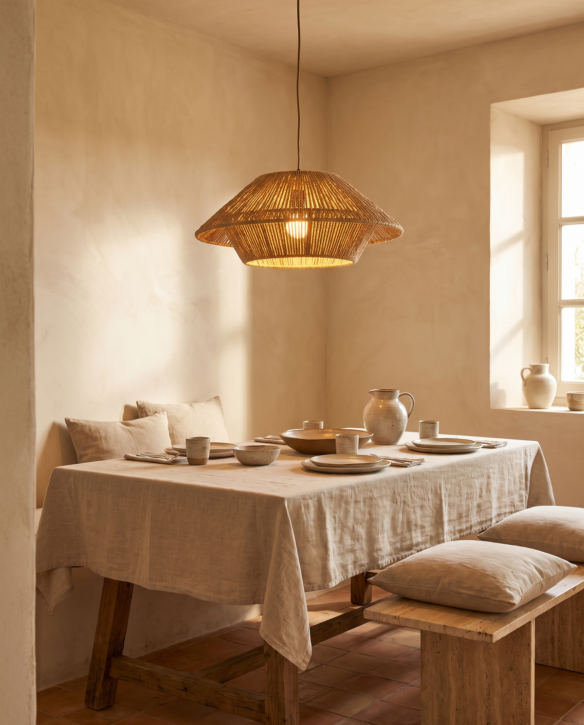 Abat-jour en papier tressé effet rotin en situation dans un intérieur