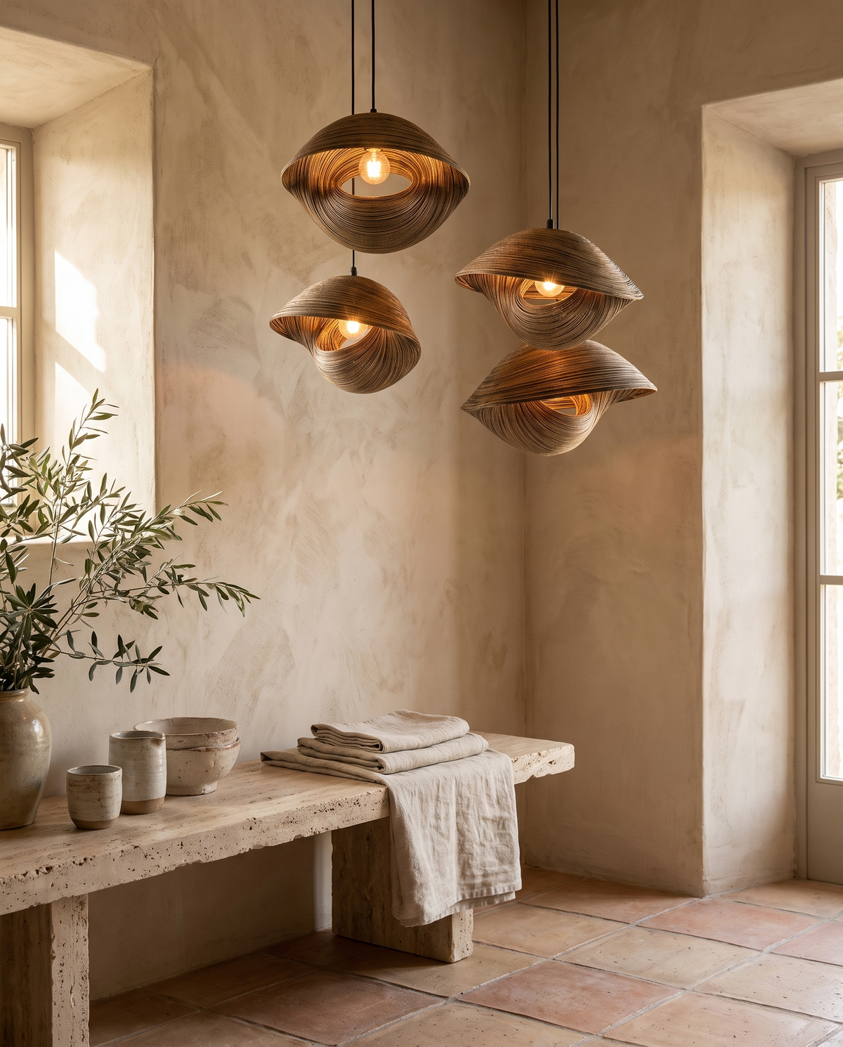 Lustre coquillage en métal effet rotin en situation dans un intérieur
