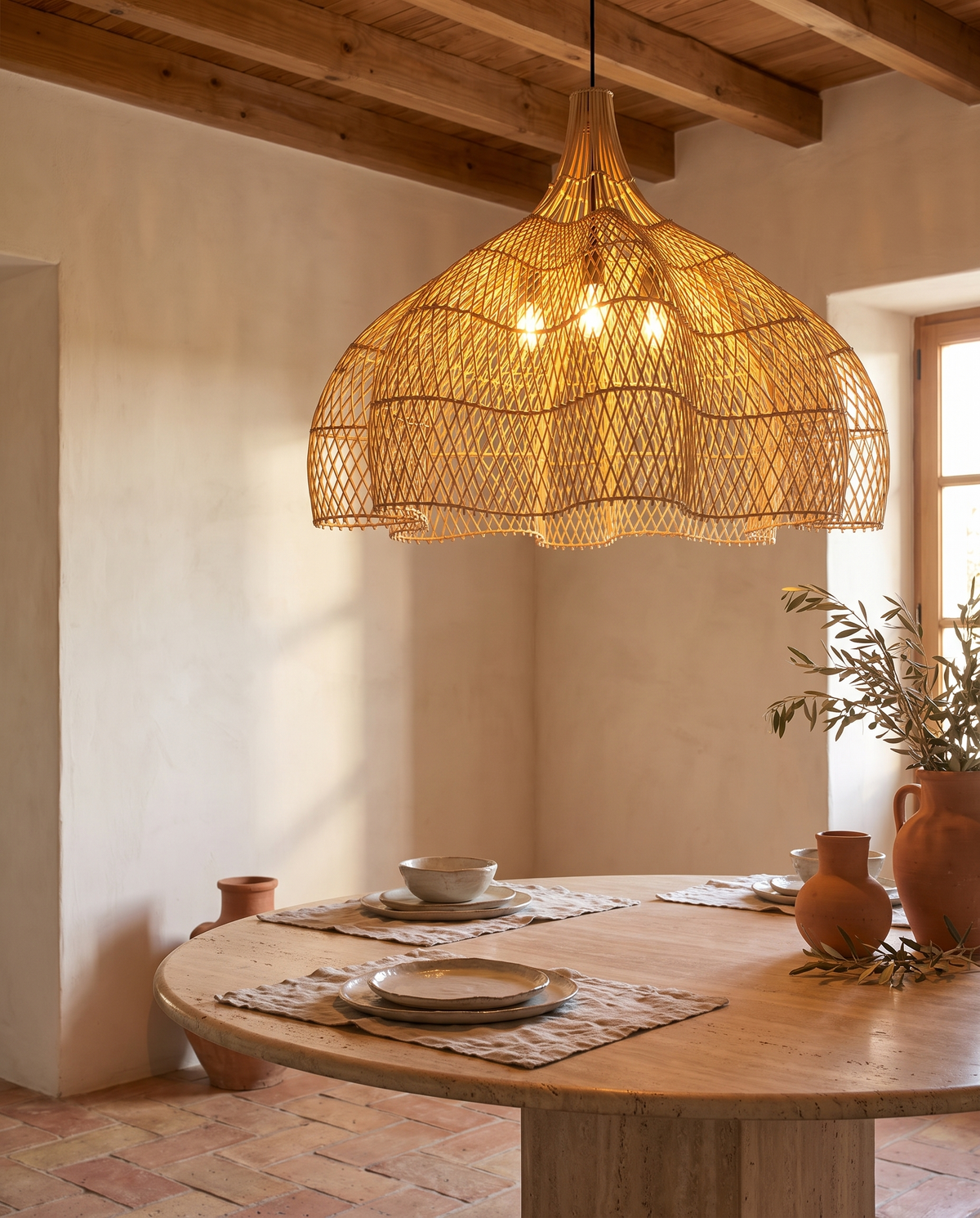 Lustre coupole en rotin en situation dans un intérieur