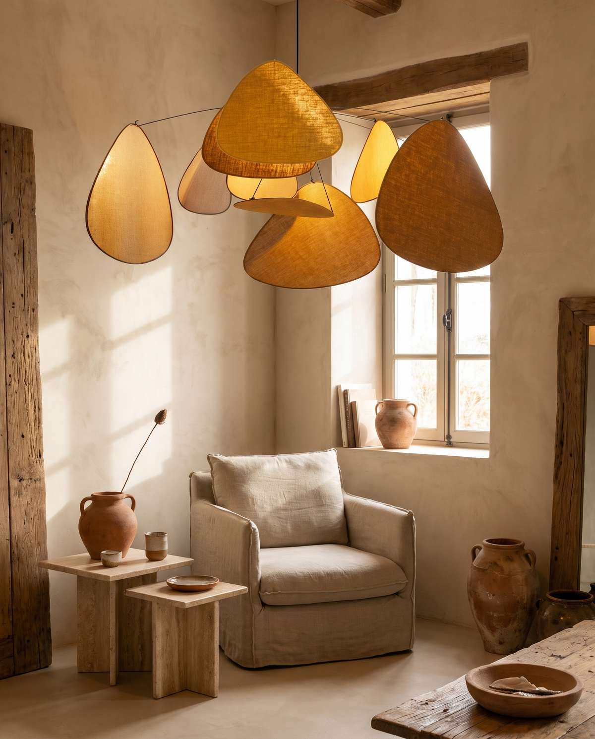 Lustre à pétales flottants en tissu en situation dans un intérieur
