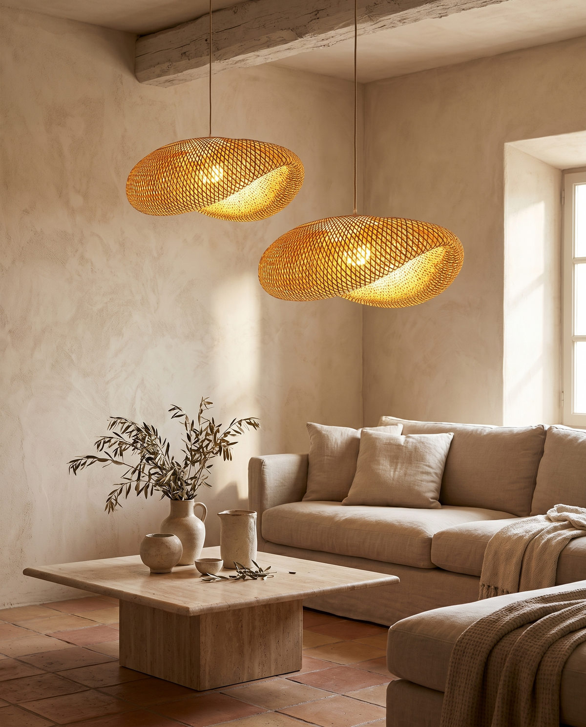 Lustre ondulé en rotin en situation dans un intérieur