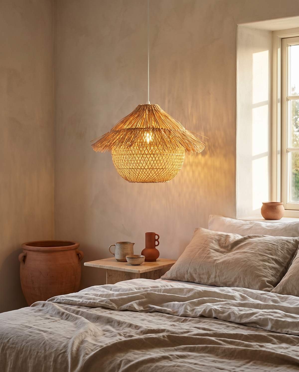 Suspension ronde en bambou et bois en situation dans un intérieur