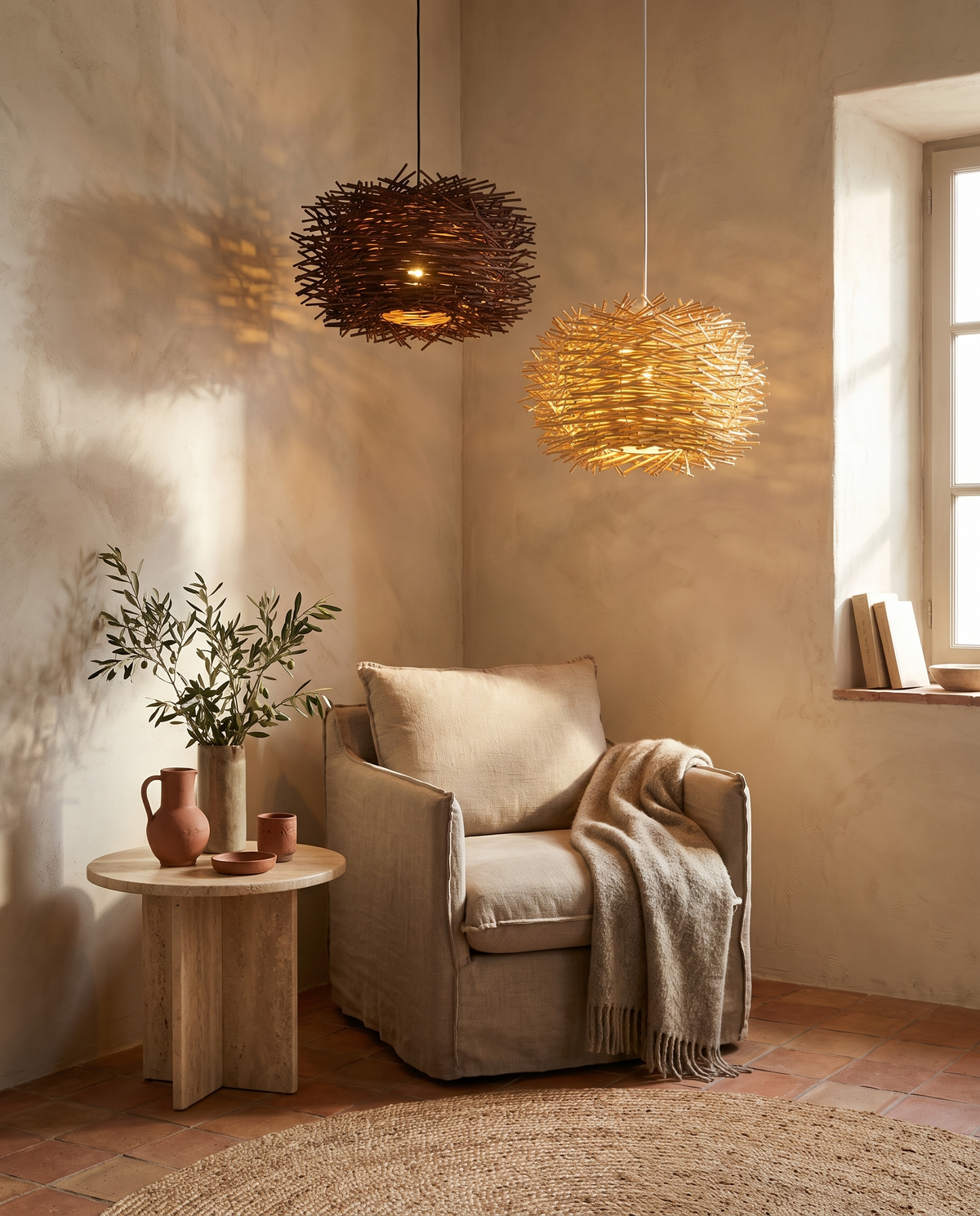 Suspension en rotin en situation dans un intérieur