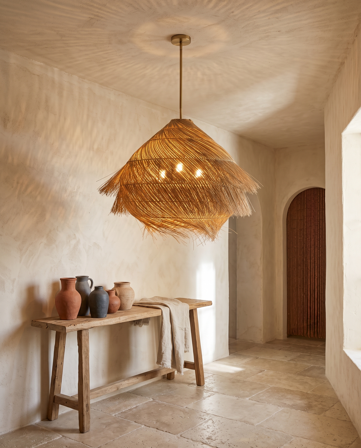 Suspension 3 lumières en rotin et métal en situation dans un intérieur