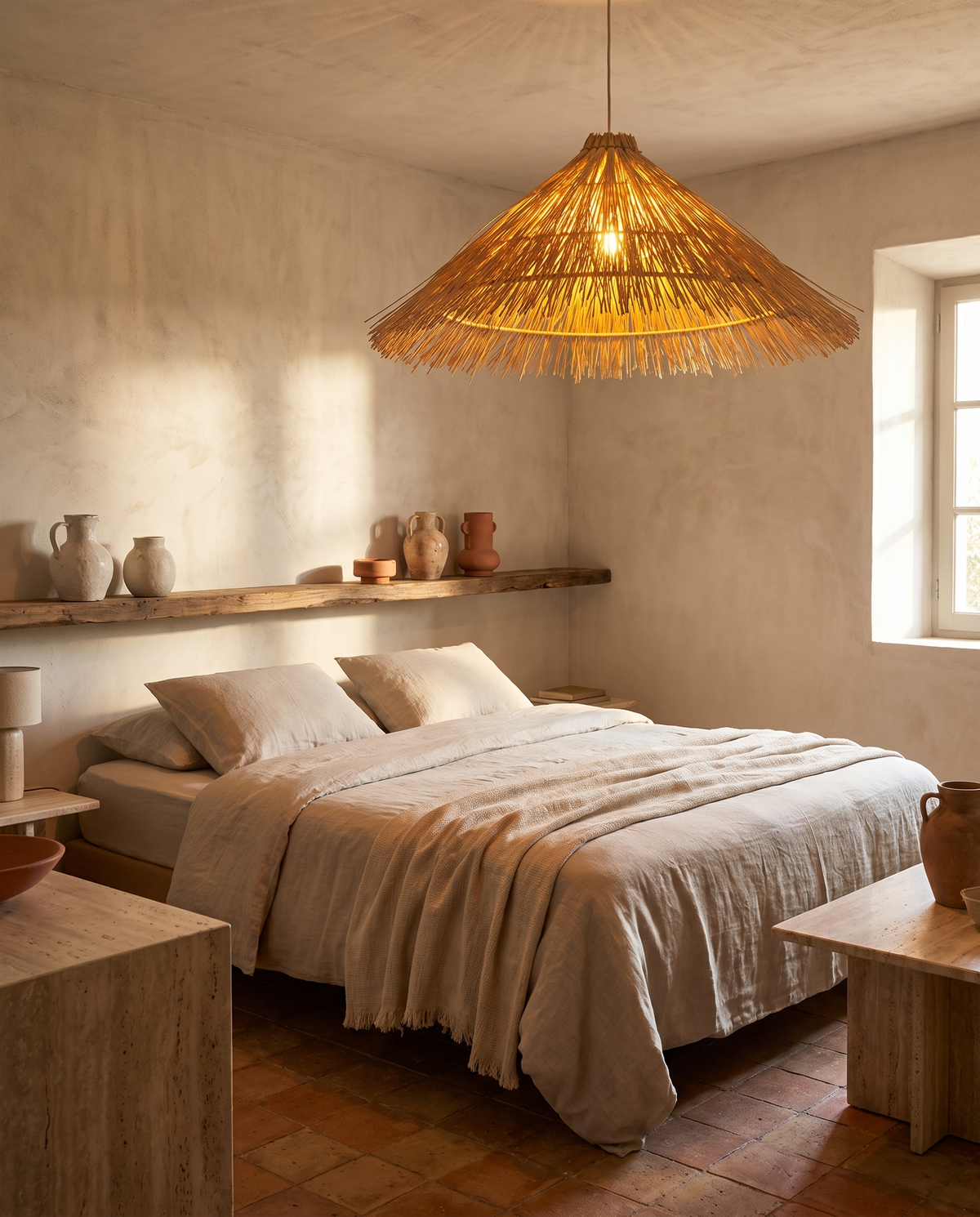 Suspension chapeau en rotin beige en situation dans un intérieur