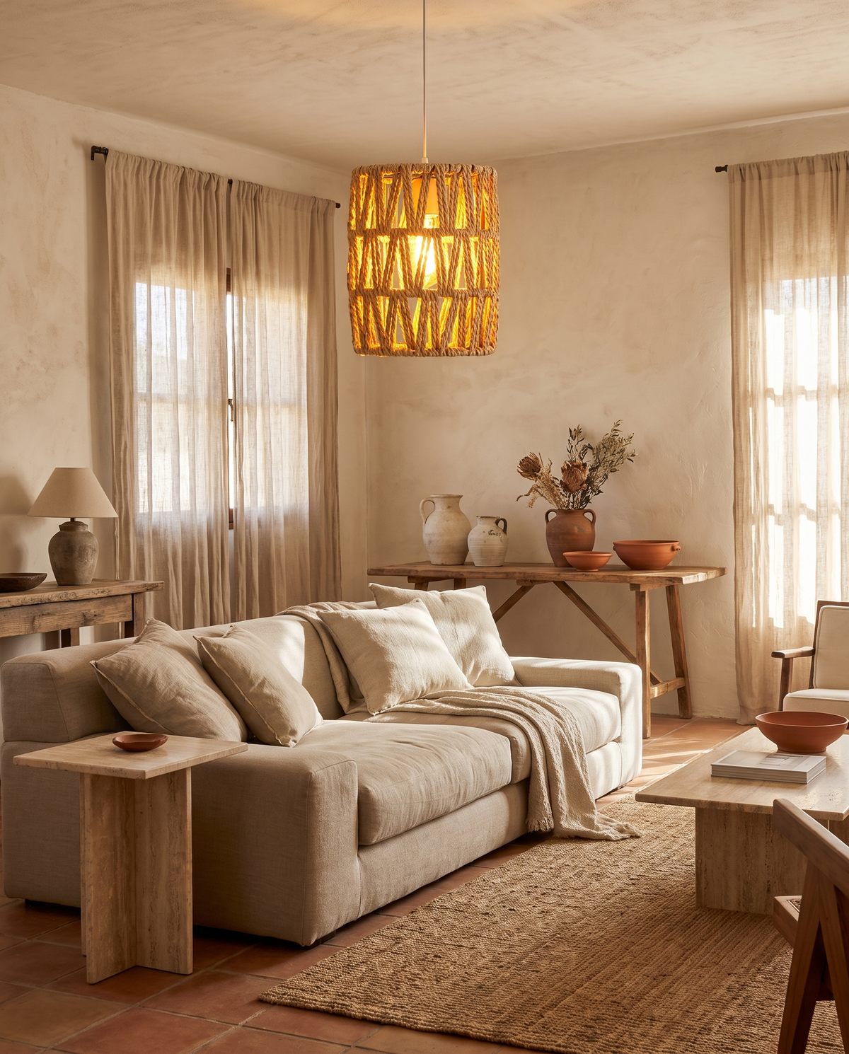 Abat-jour cylindriques en rotin beige en situation dans un intérieur