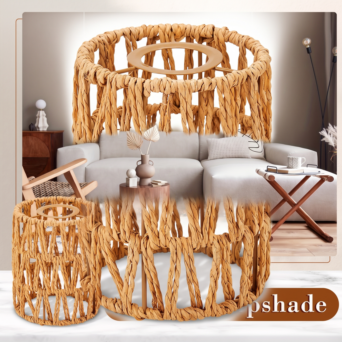 Abat-jour cylindriques en rotin beige sur fond blanc