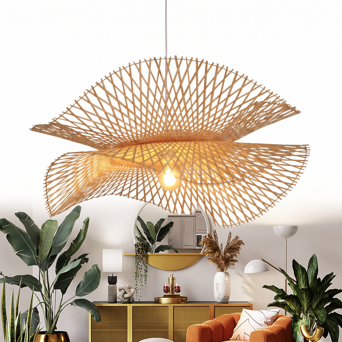 Lustre double en rotin et bambou sur fond blanc