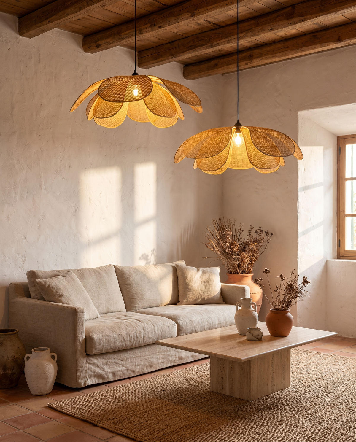 Lustre fleur en rotin en situation dans un intérieur