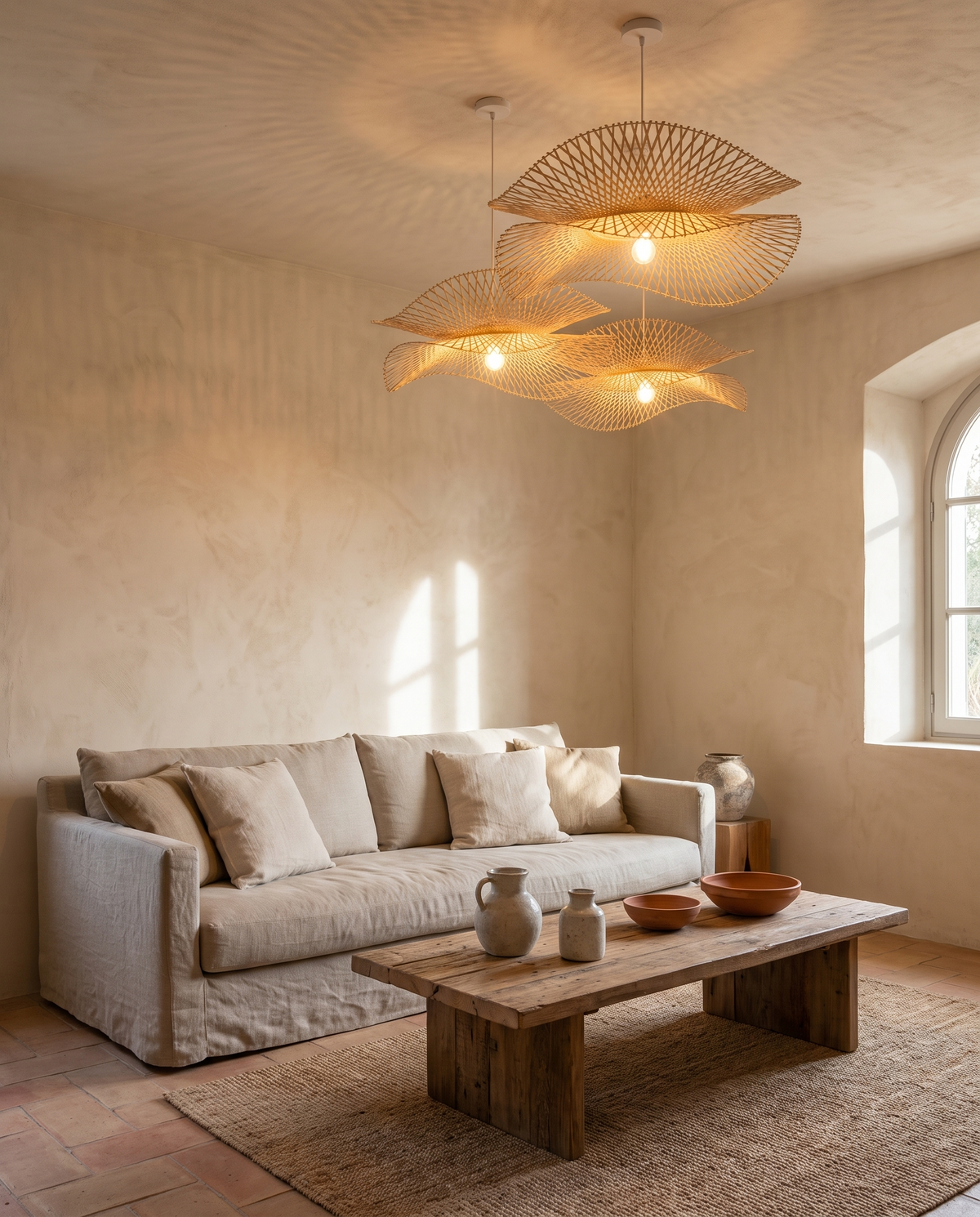 Suspension double en rotin et bambou en situation dans un intérieur