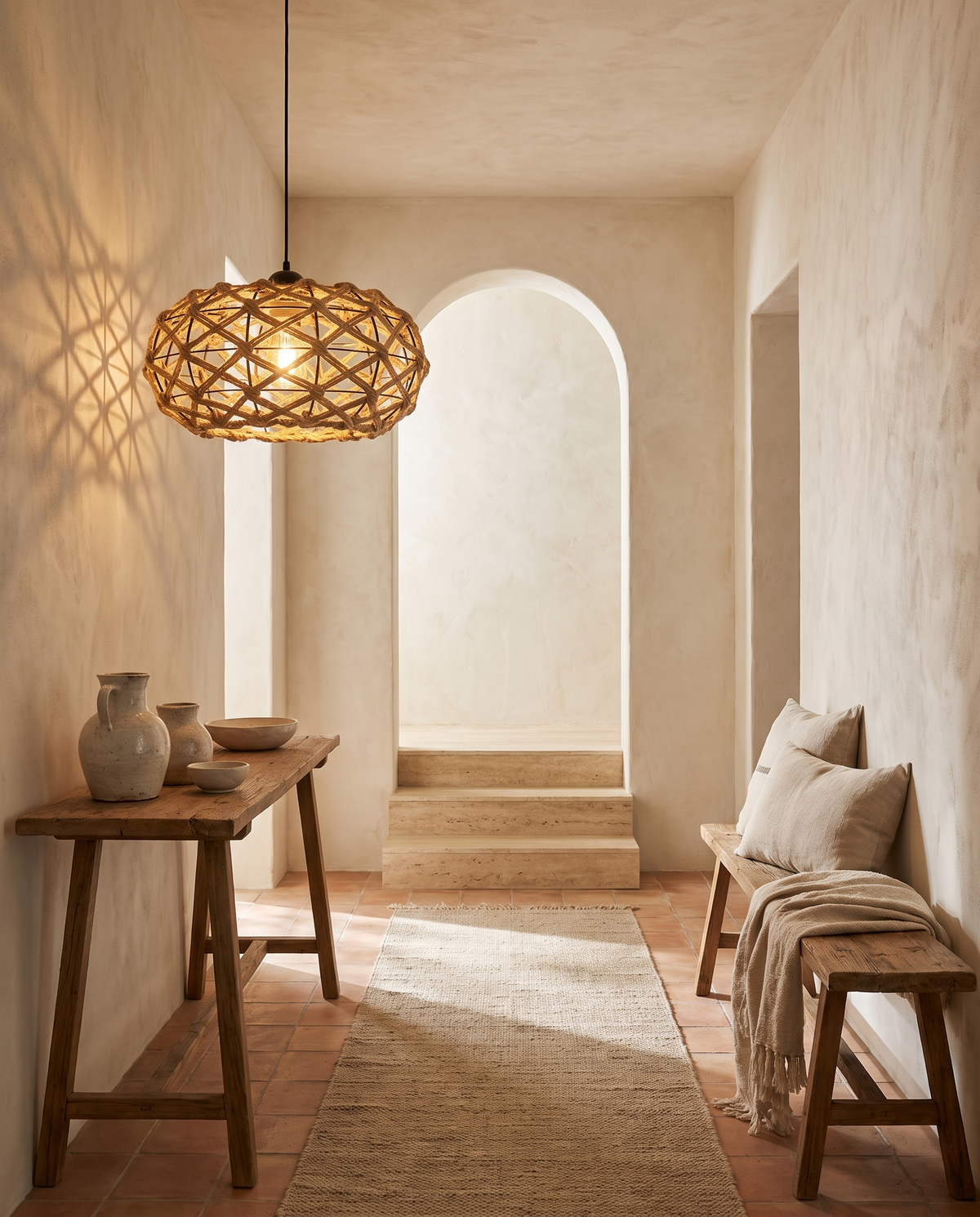 Suspension ellipse ajourée en rotin en situation dans un intérieur