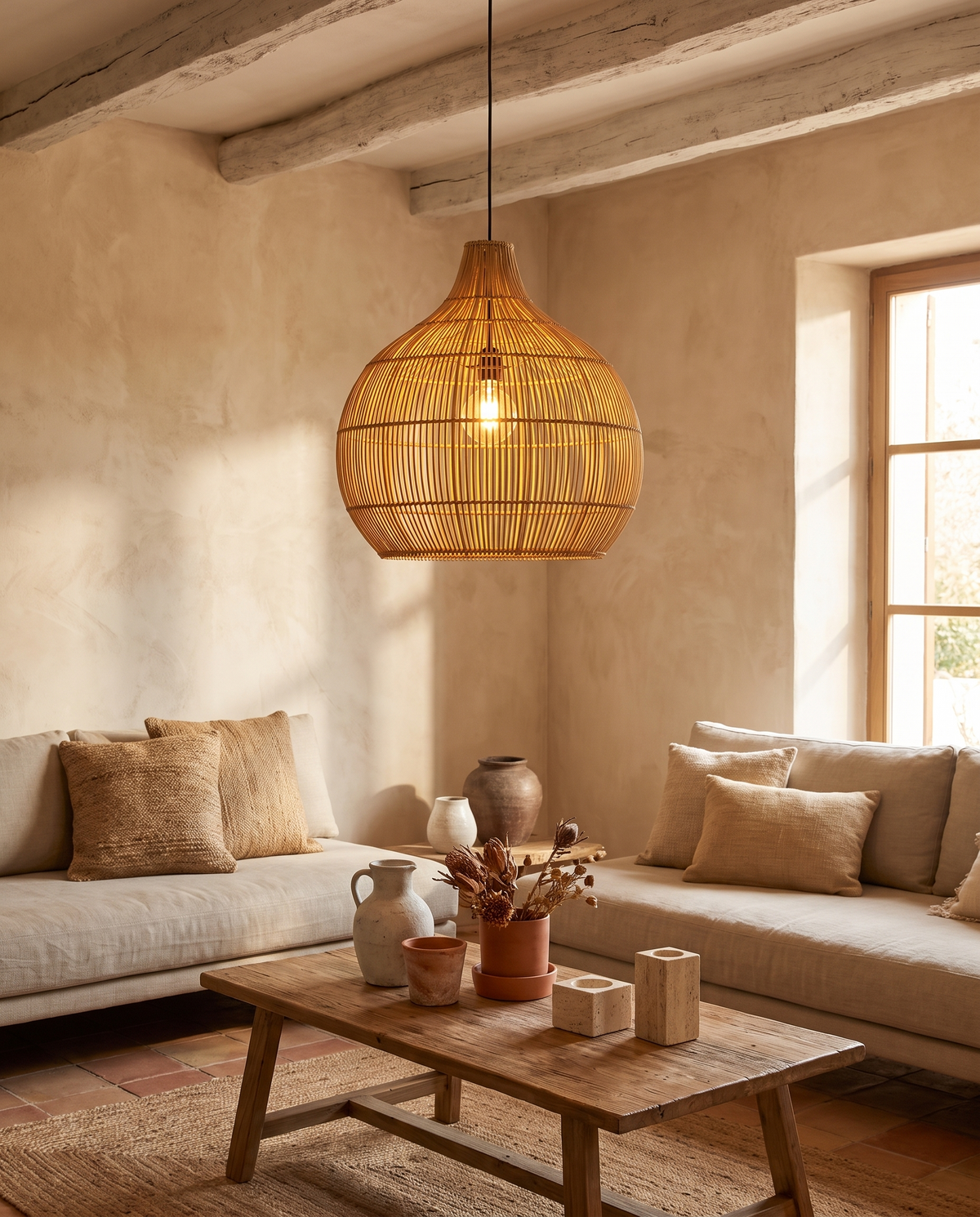 Grande suspension en rotin naturel en situation dans un intérieur
