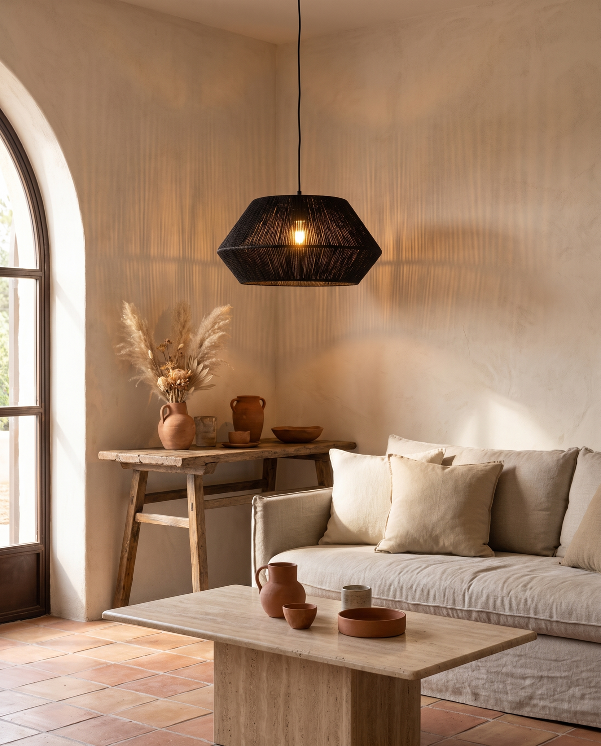 Suspension facettée en rotin noir en situation dans un intérieur