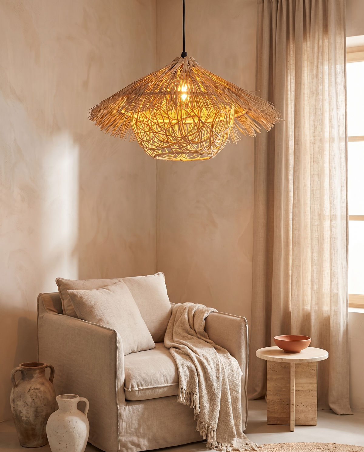 Suspension capeline frangée en rotin et bambou en situation dans un intérieur
