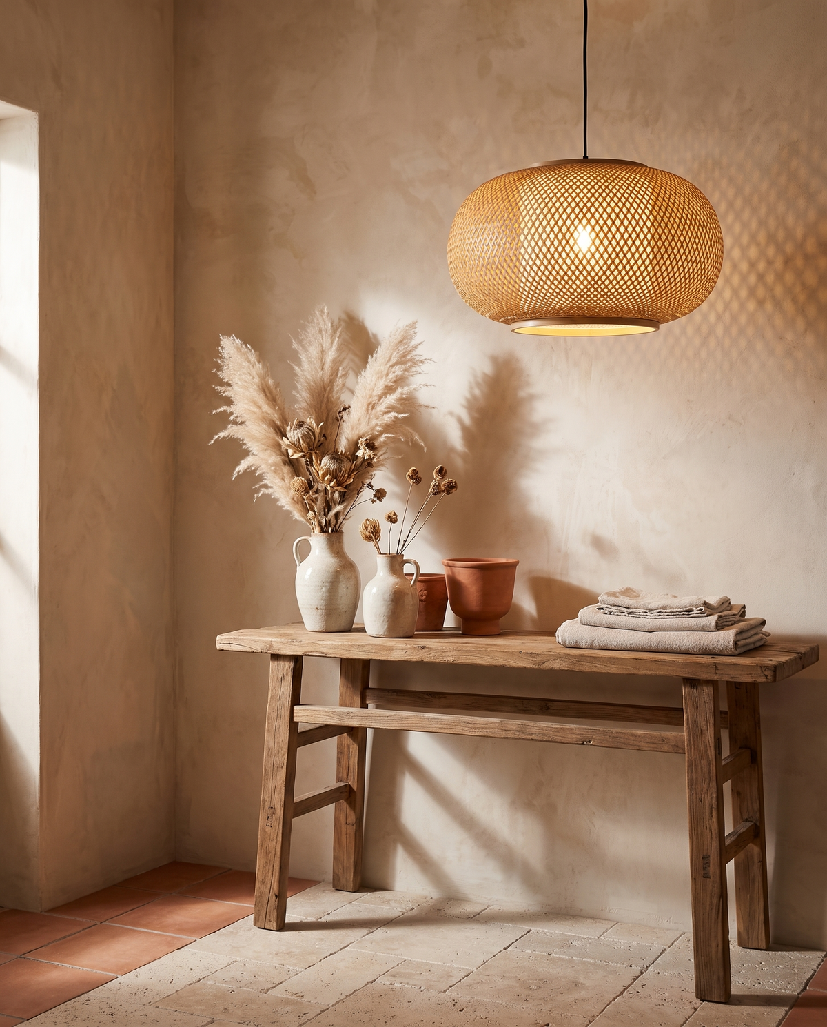 Suspension tambour en bambou tressé en situation dans un intérieur