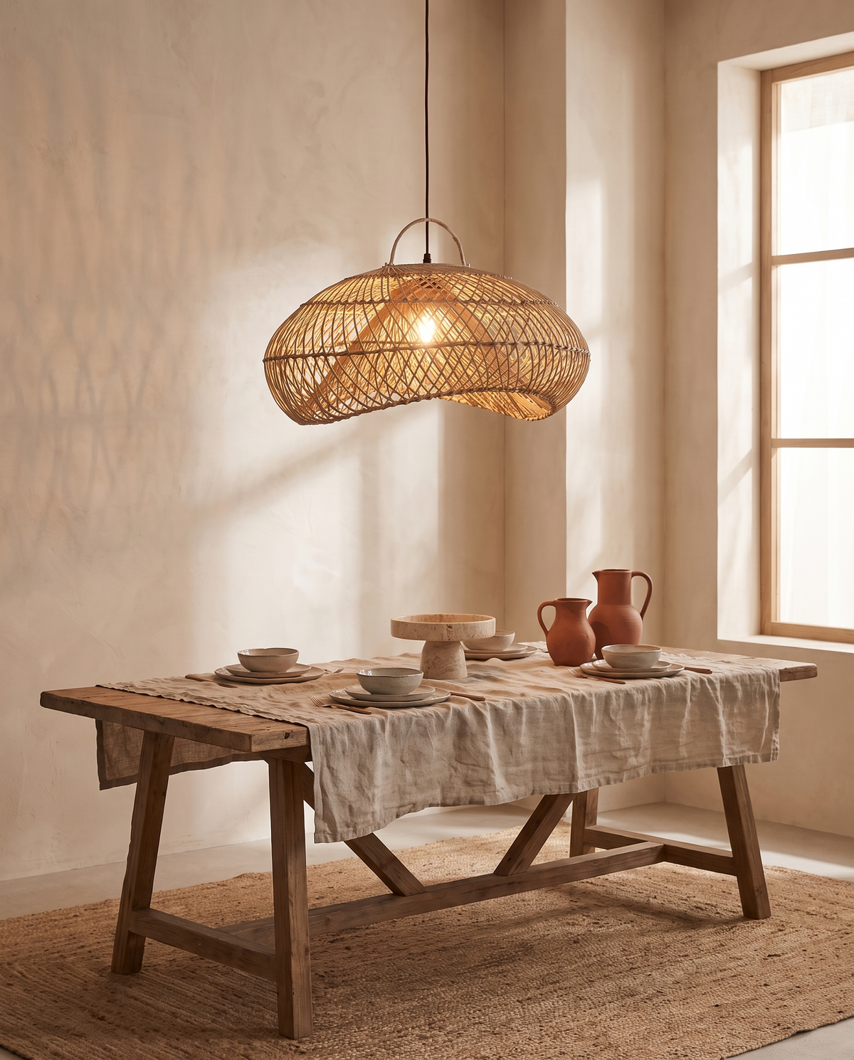 Suspension organique en rotin beige doré en situation dans un intérieur