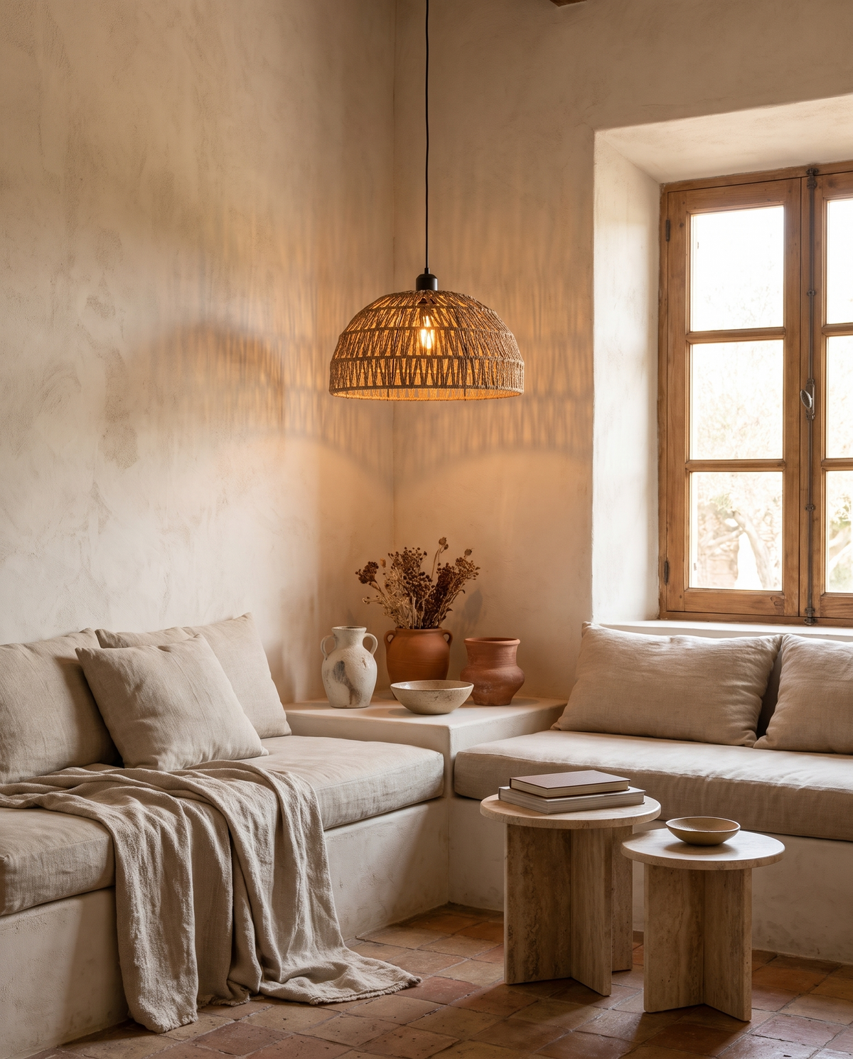 Petite suspension dôme en rotin en situation dans un intérieur