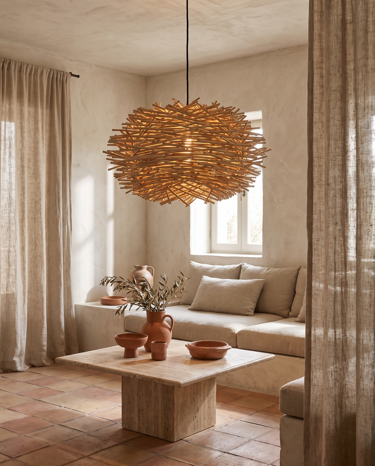 Suspension nid en rotin et bambou en situation dans un intérieur