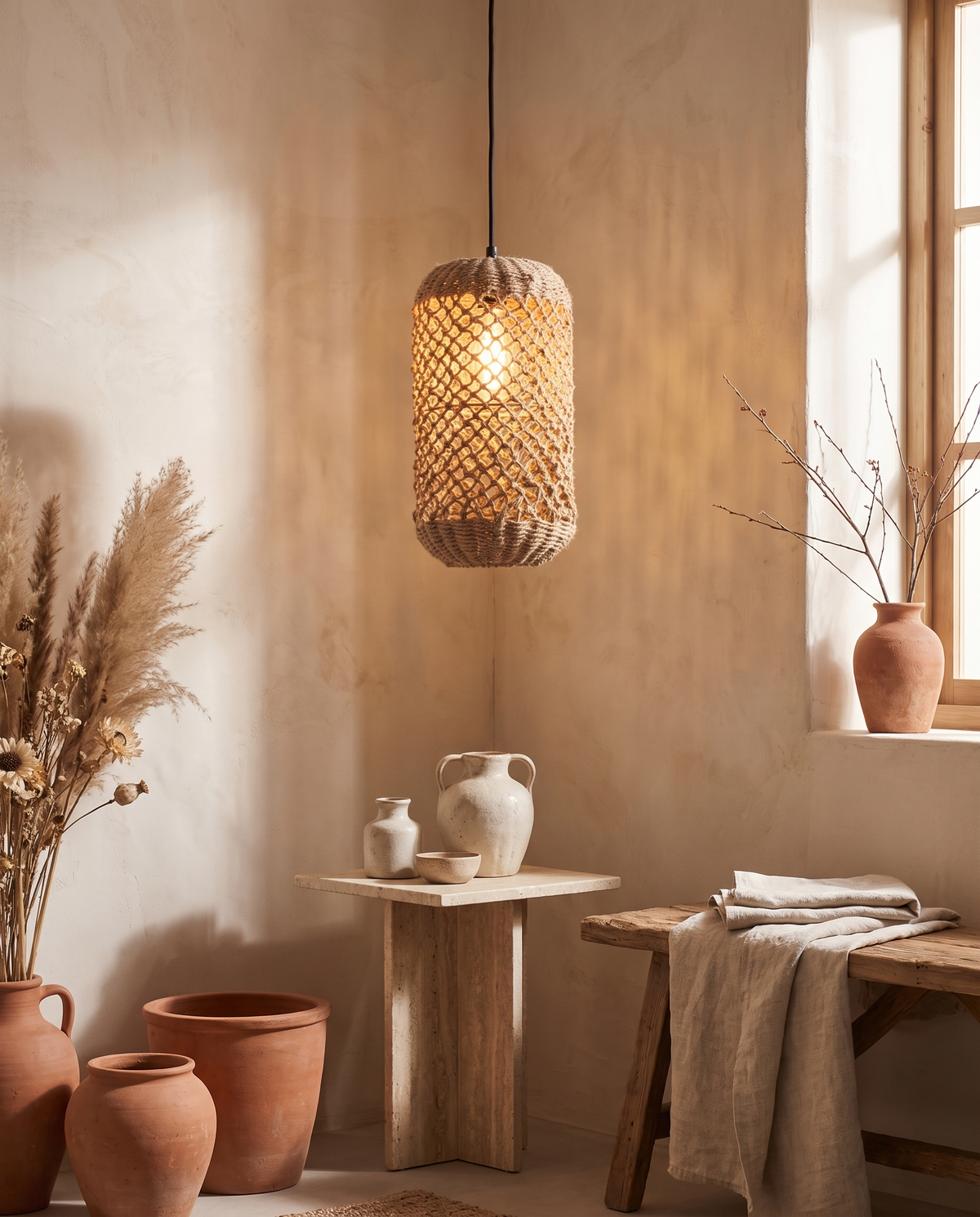 Suspension lanterne cylindre en rotin en situation dans un intérieur