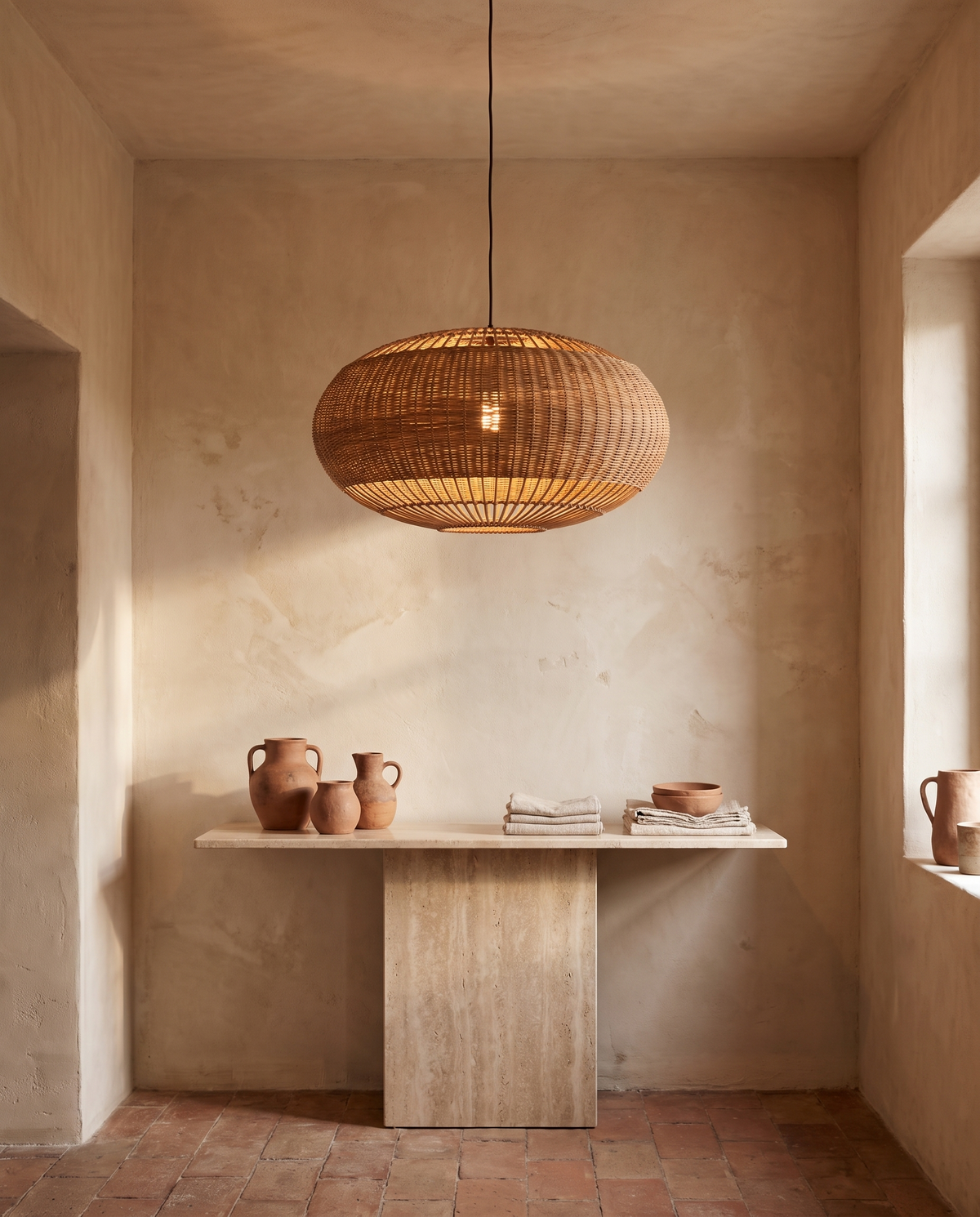 Suspension tambour en rotin marron en situation dans un intérieur