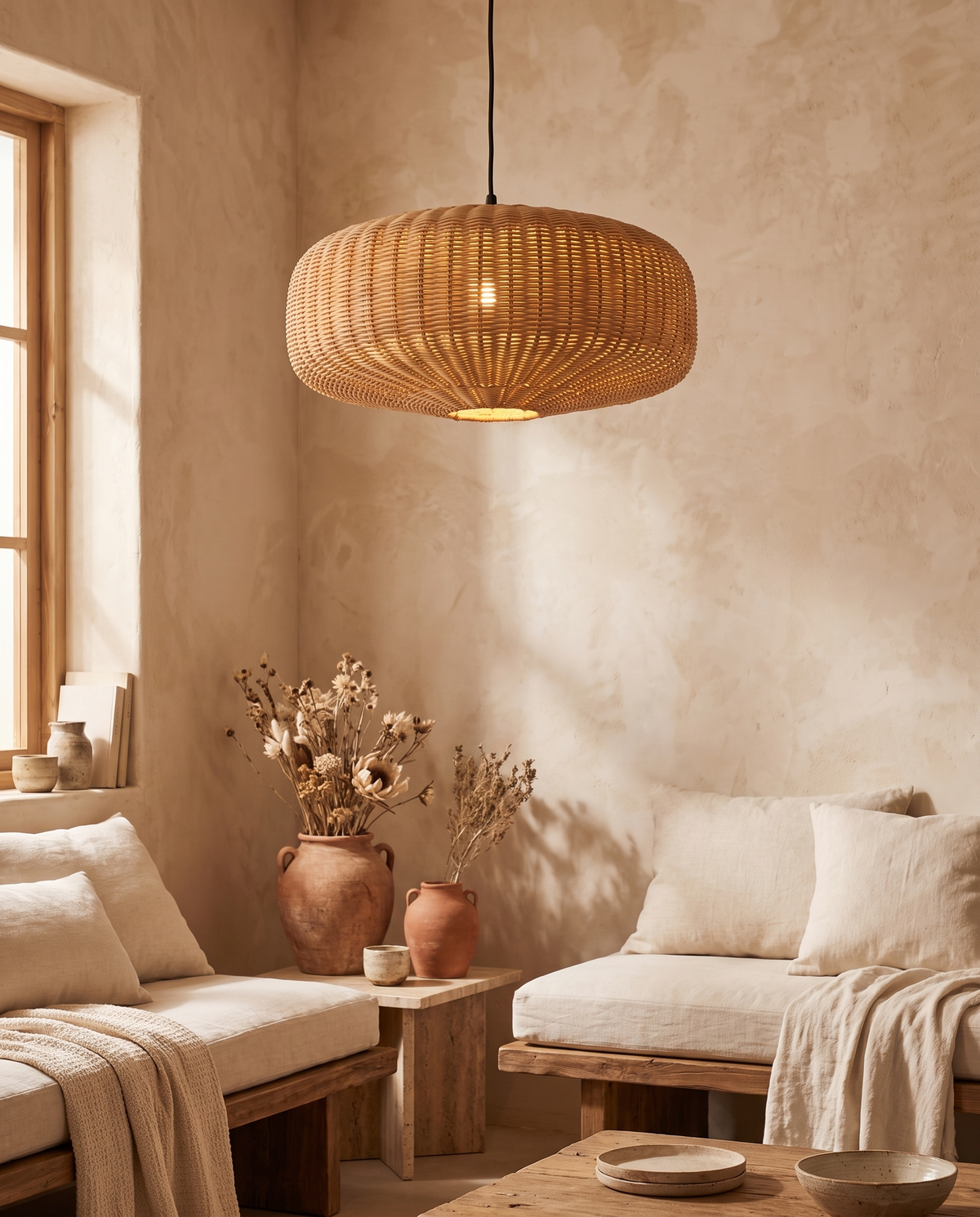 Suspension tambour arrondi en rotin bicolore en situation dans un intérieur