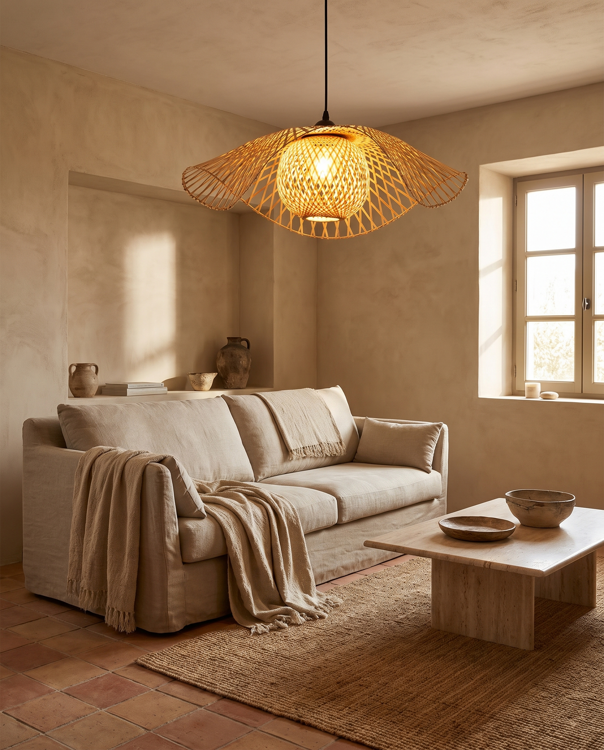Luminaire en rotin et bambou tressé serré en situation dans un intérieur