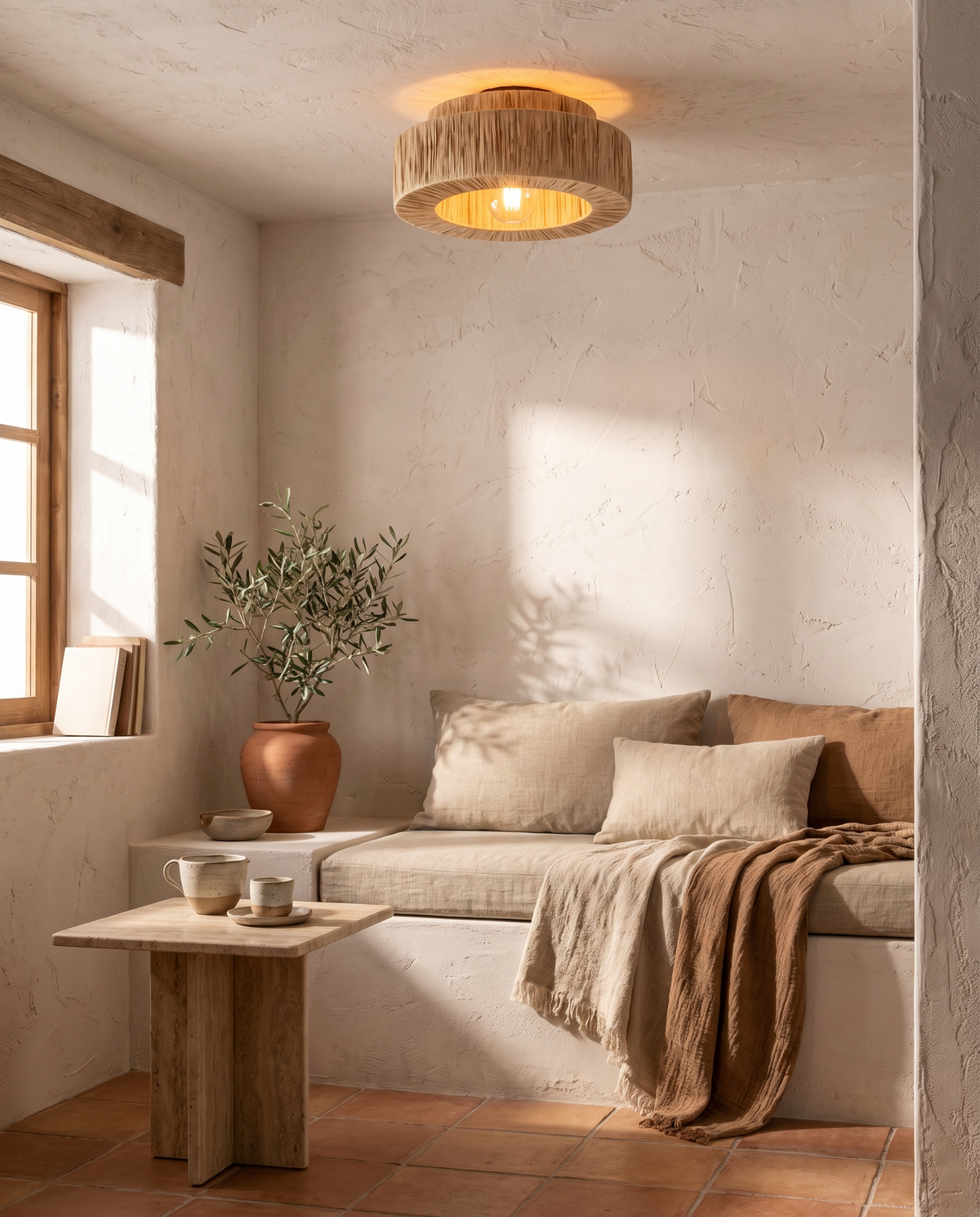 Plafonnier double tambour frangé en rotin en situation dans un intérieur