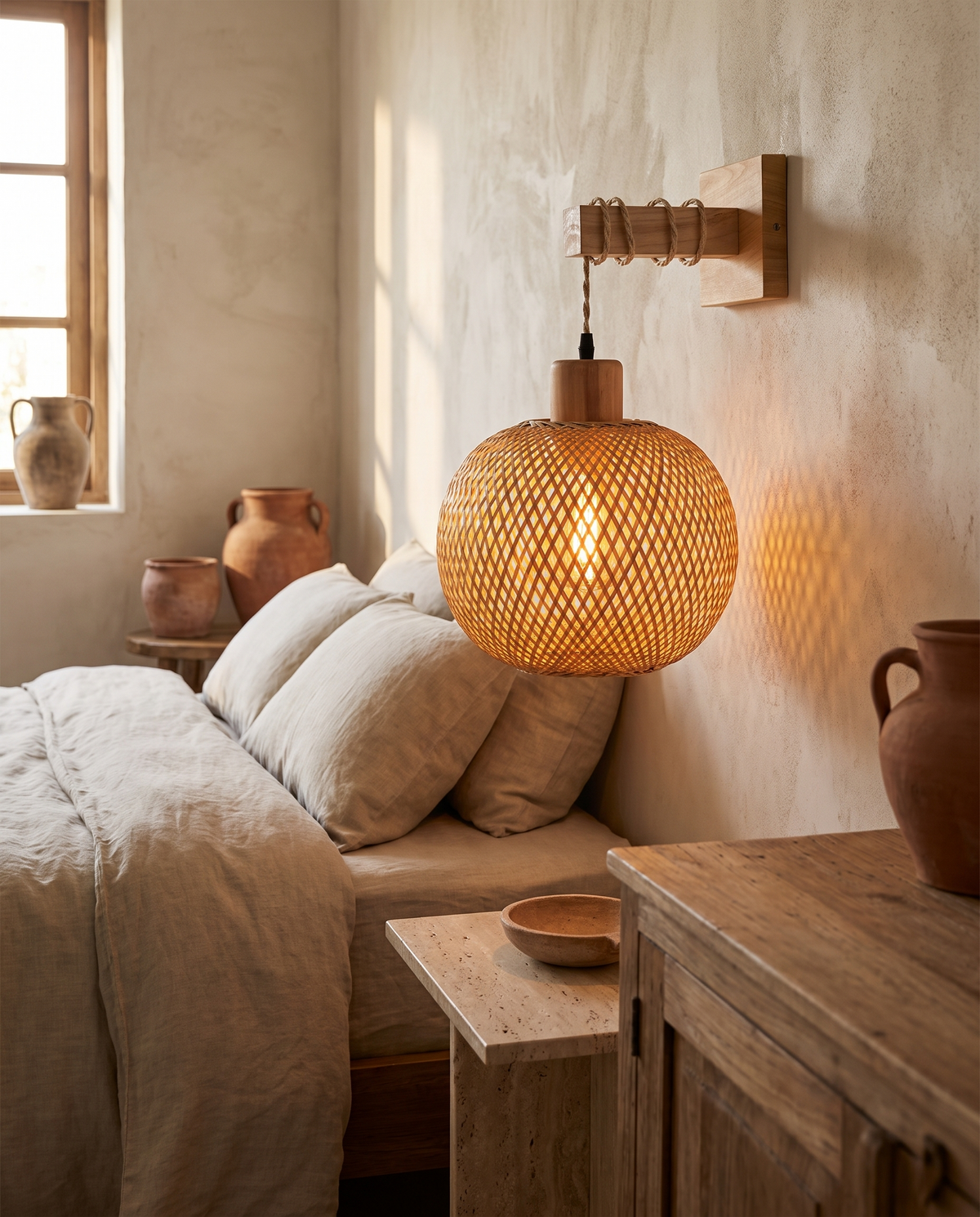 Applique en rotin et bois en situation dans un intérieur