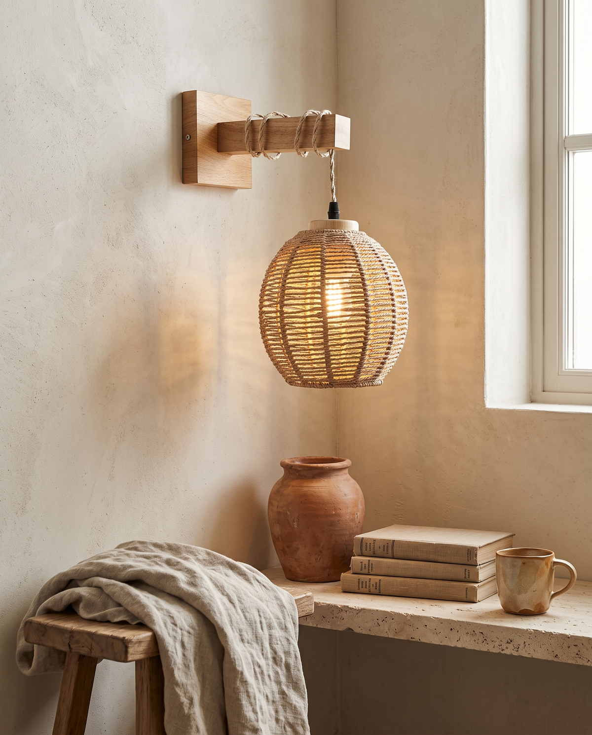 Applique boule suspendue en rotin et bois en situation dans un intérieur