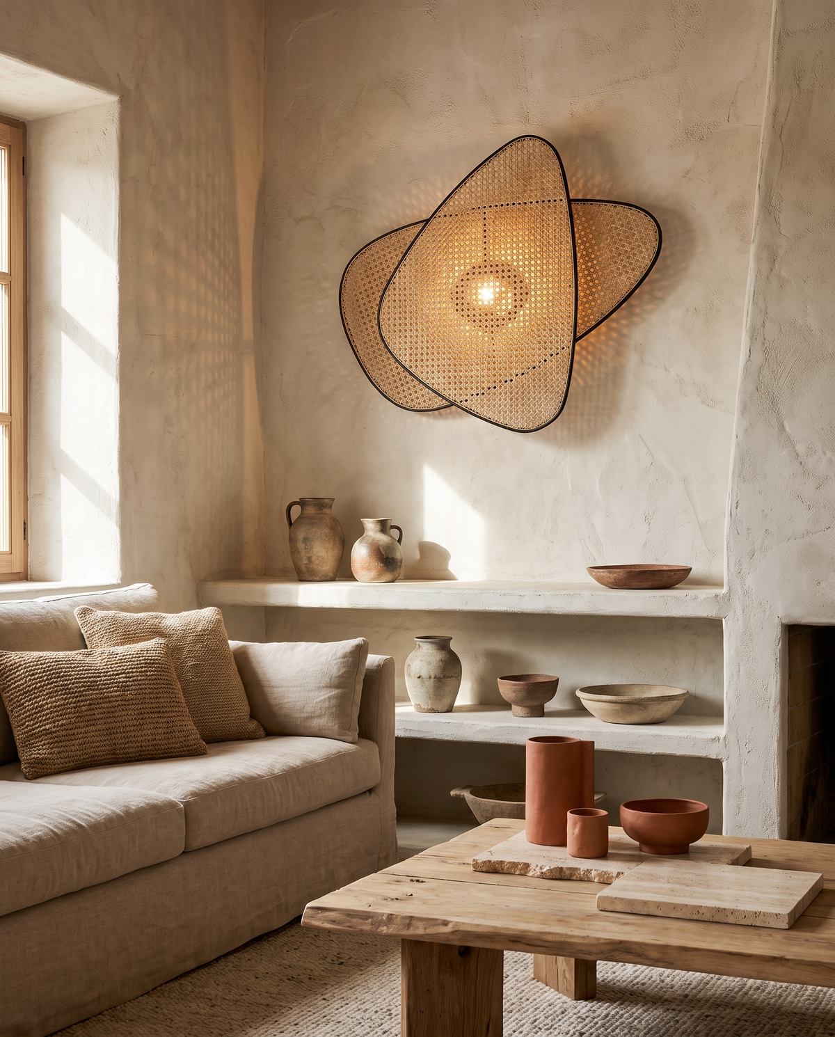 Grande applique arrondie en rotin en situation dans un intérieur
