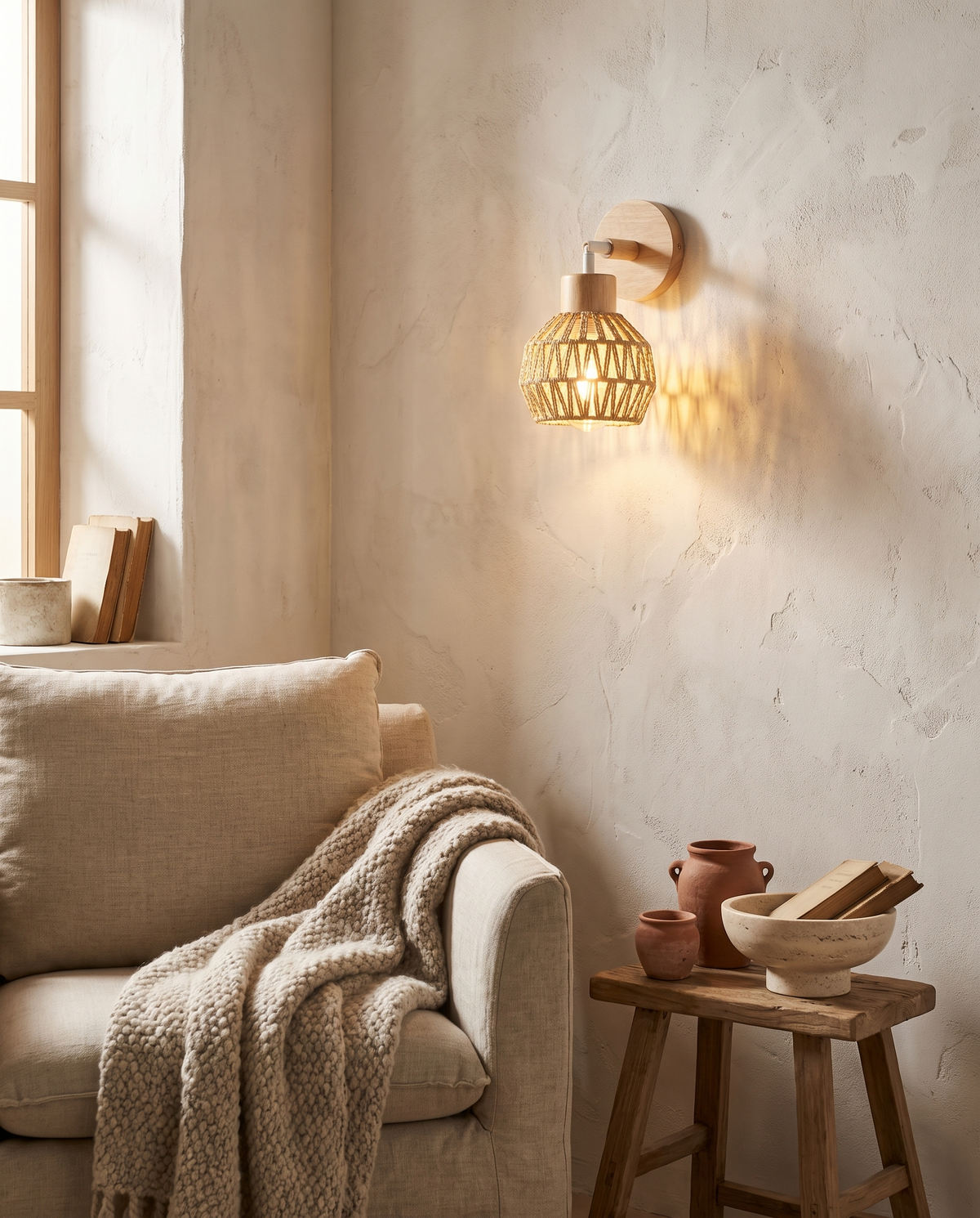 Applique demi-dôme en rotin blanc en situation dans un intérieur