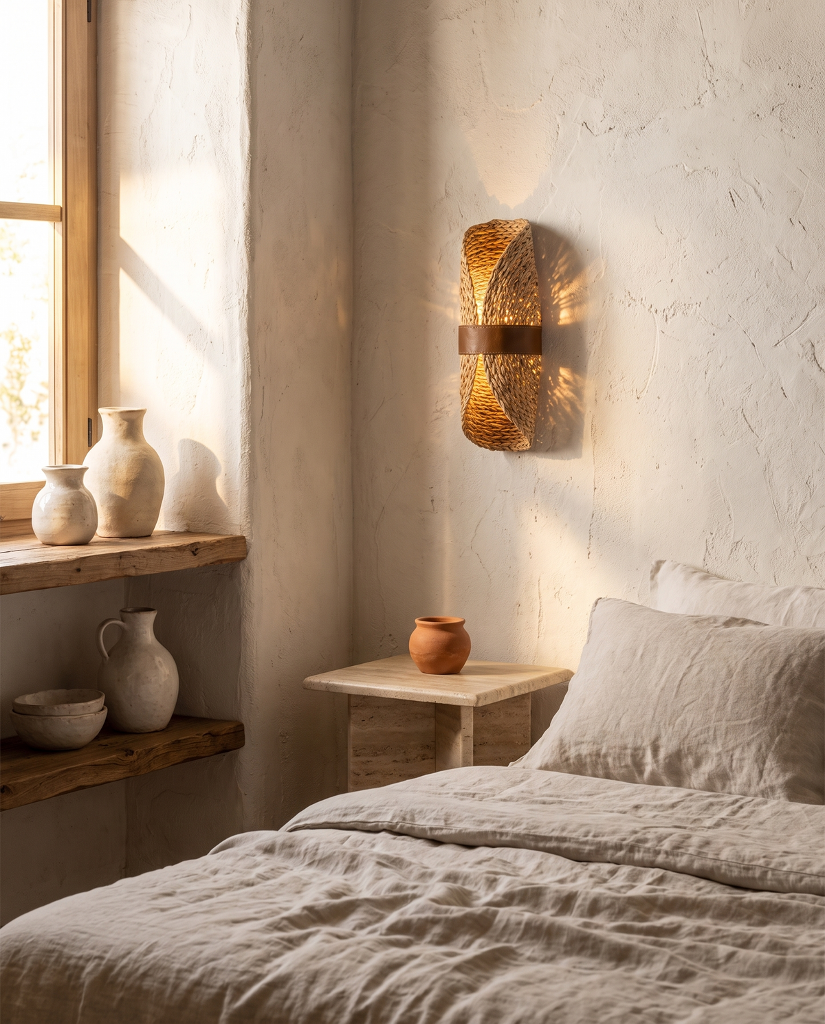 Applique sablier en rotin et bois en situation dans un intérieur