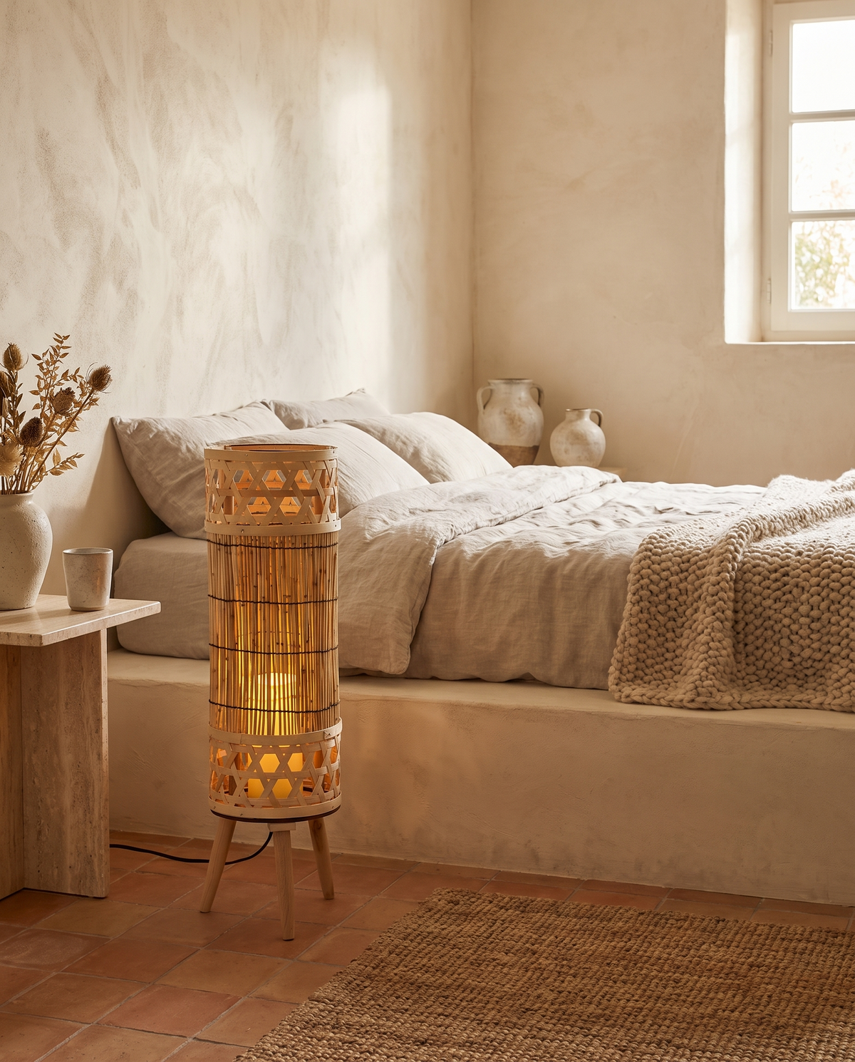 Lanterne de sol en bambou avec bougie LED en situation dans un intérieur