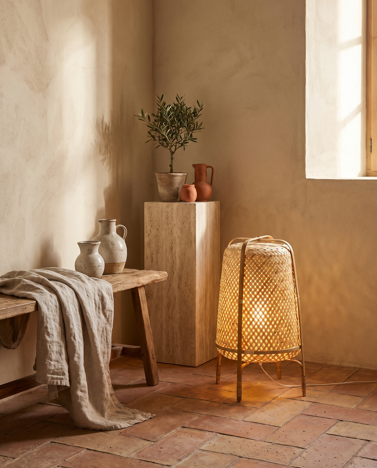 Lampe sur pied en osier sur trépied en situation dans un intérieur