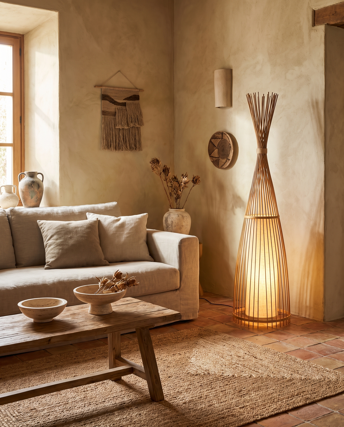 Lampadaire triangulaire en rotin tressé en situation dans un intérieur