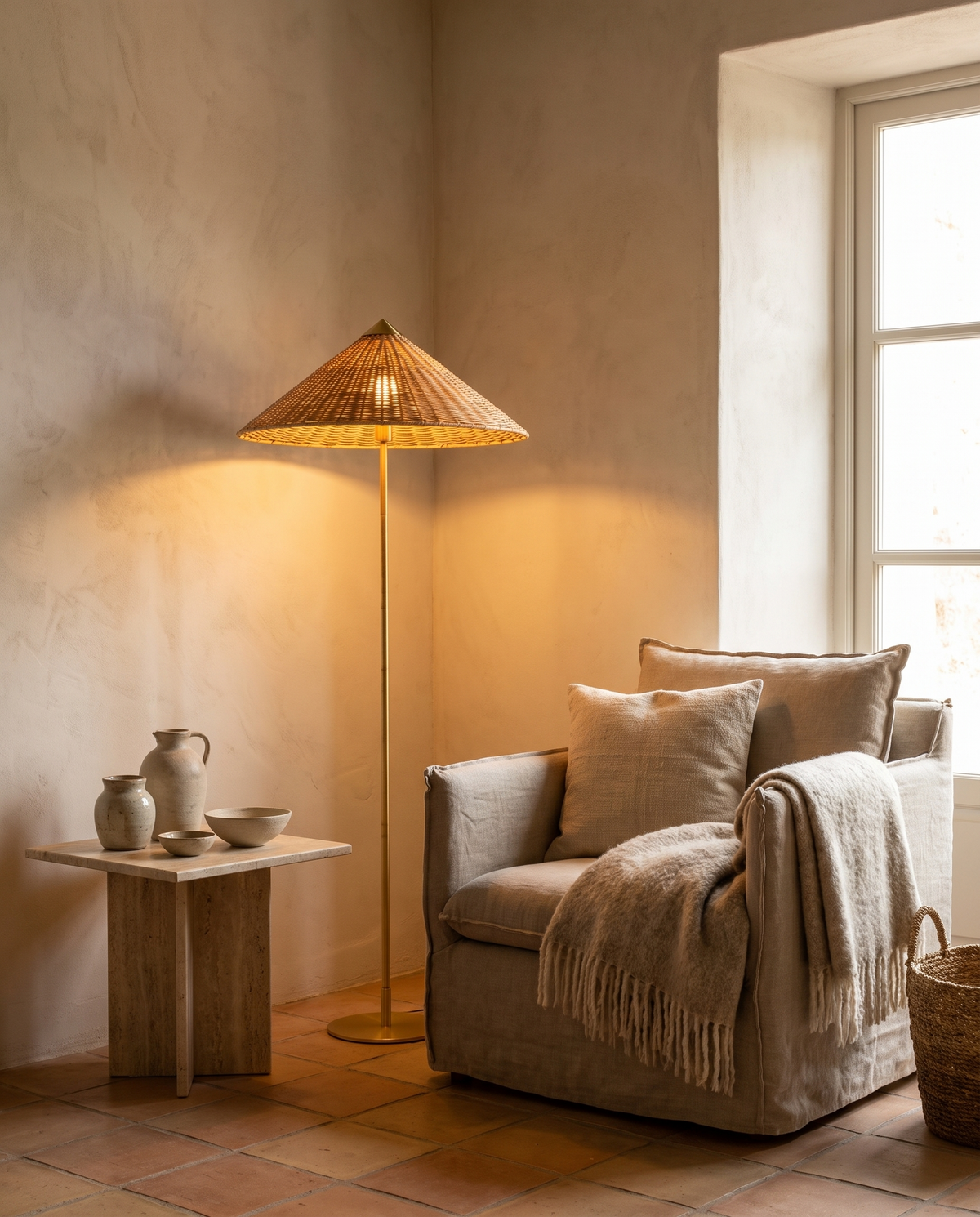 Lampadaire chapeau en rotin en situation dans un intérieur