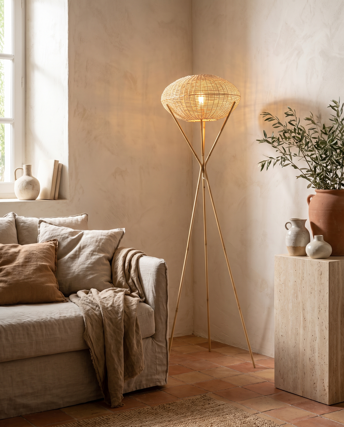 Lampadaire design en rotin naturel en situation dans un intérieur