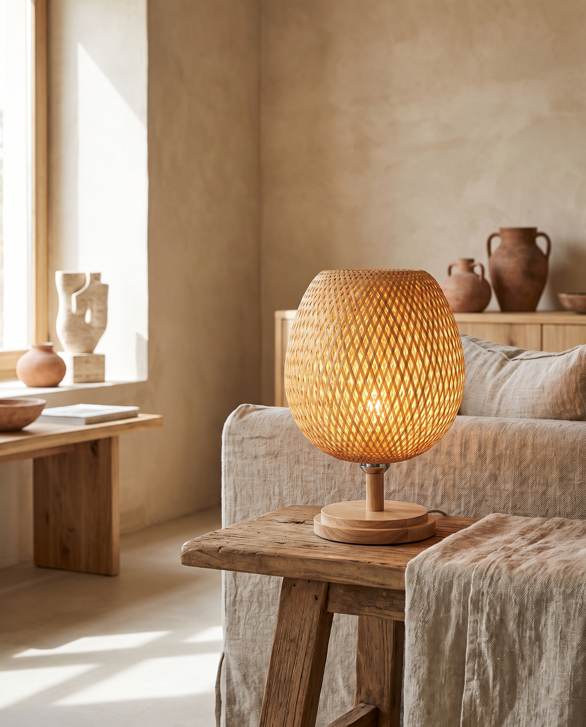 Lampe de table en rotin tressé en situation dans un intérieur