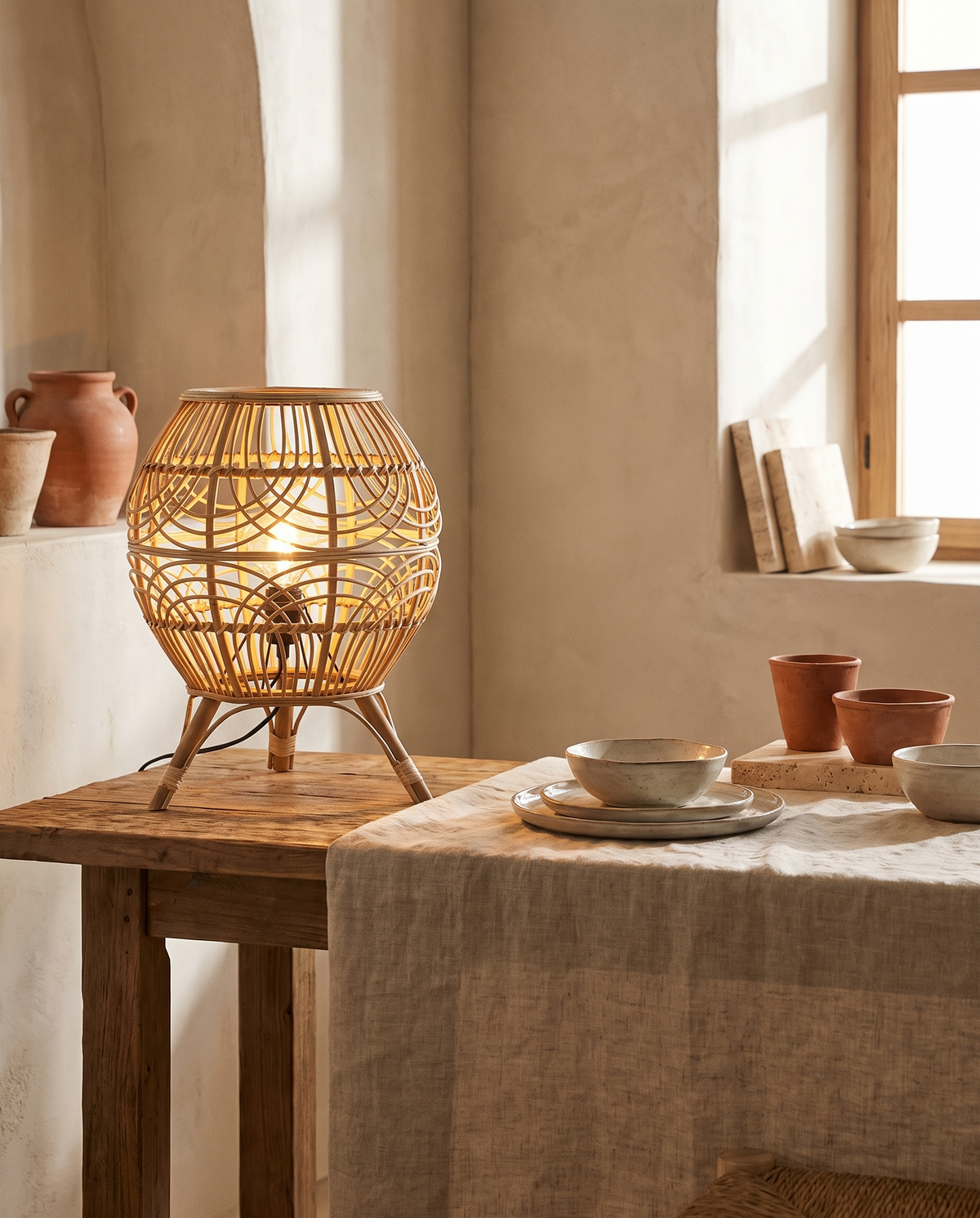 Lampe à poser en bambou tressé et papier en situation dans un intérieur