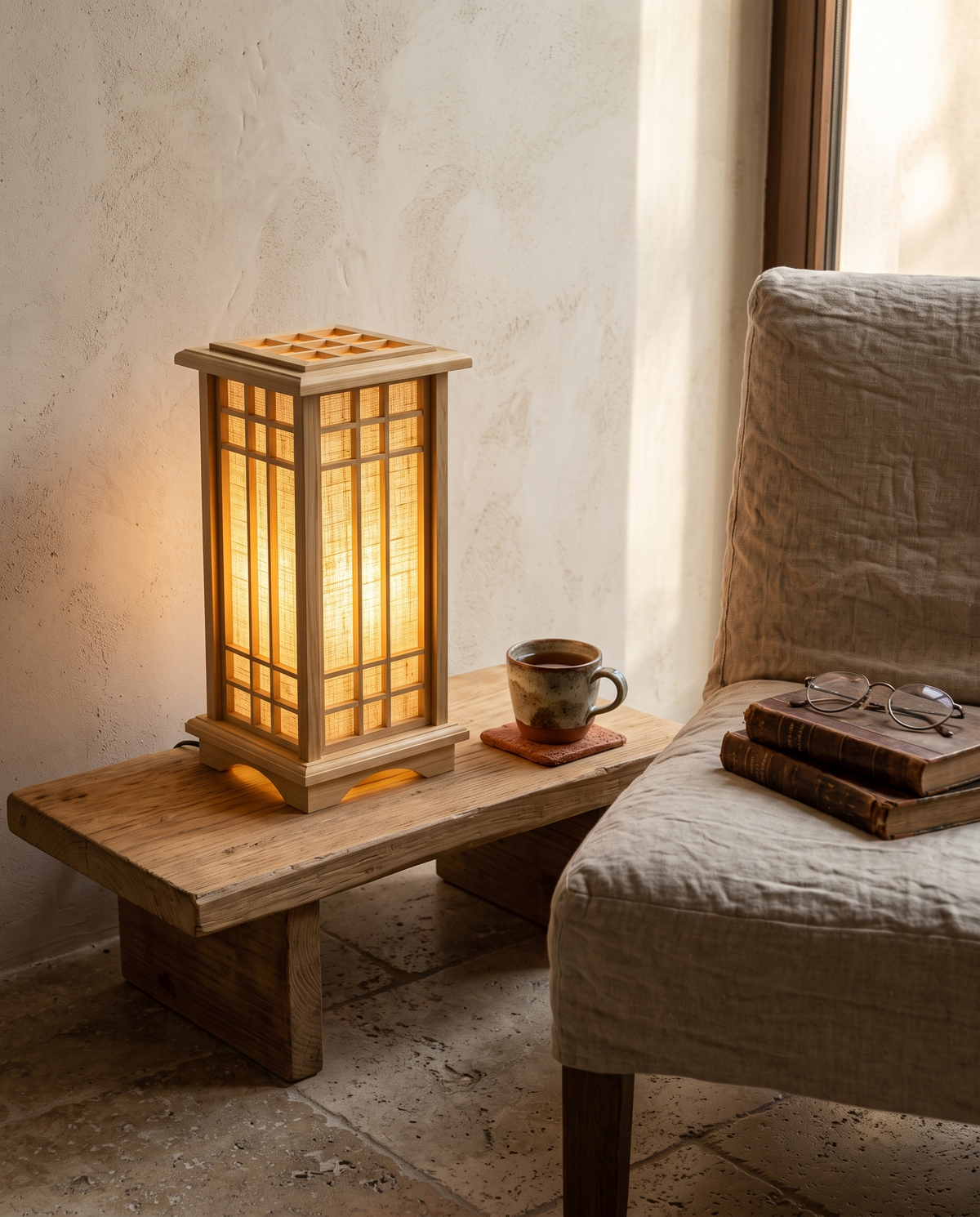 Lampe lanterne japonaise en bois et tissu en situation dans un intérieur