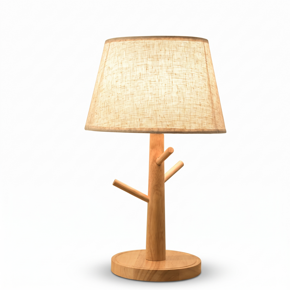 Lampe de chevet en bois et tissu sur fond blanc