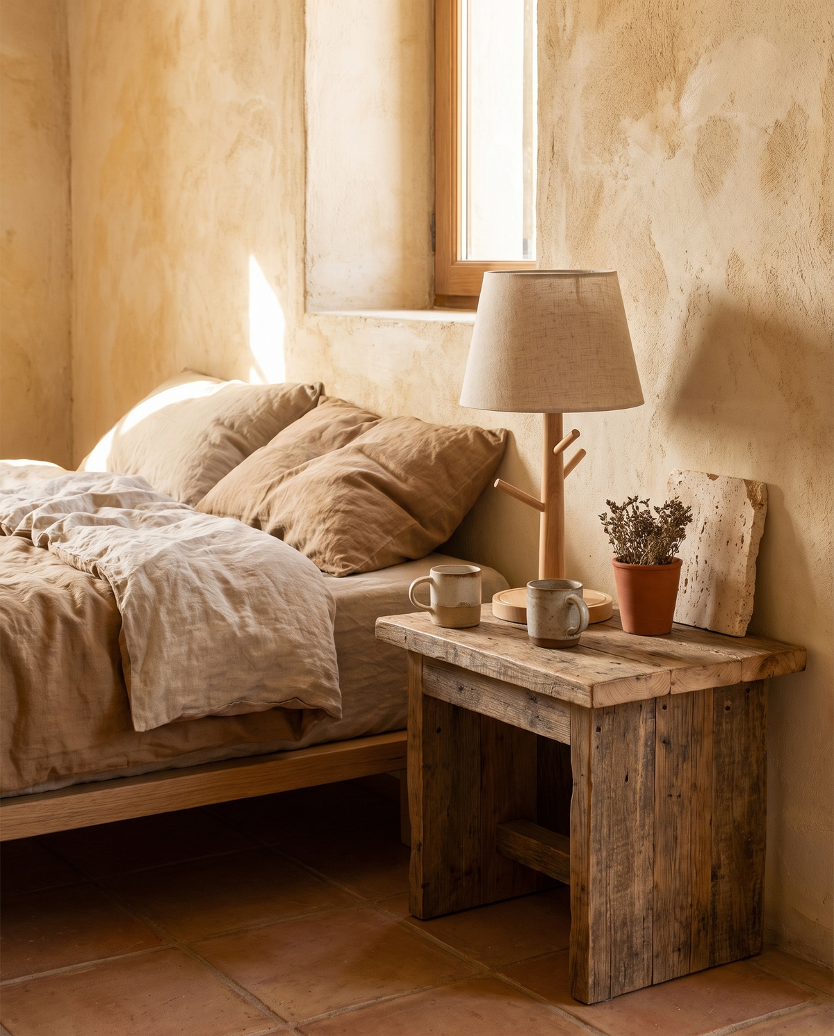 Lampe de chevet en bois et tissu en situation dans un intérieur